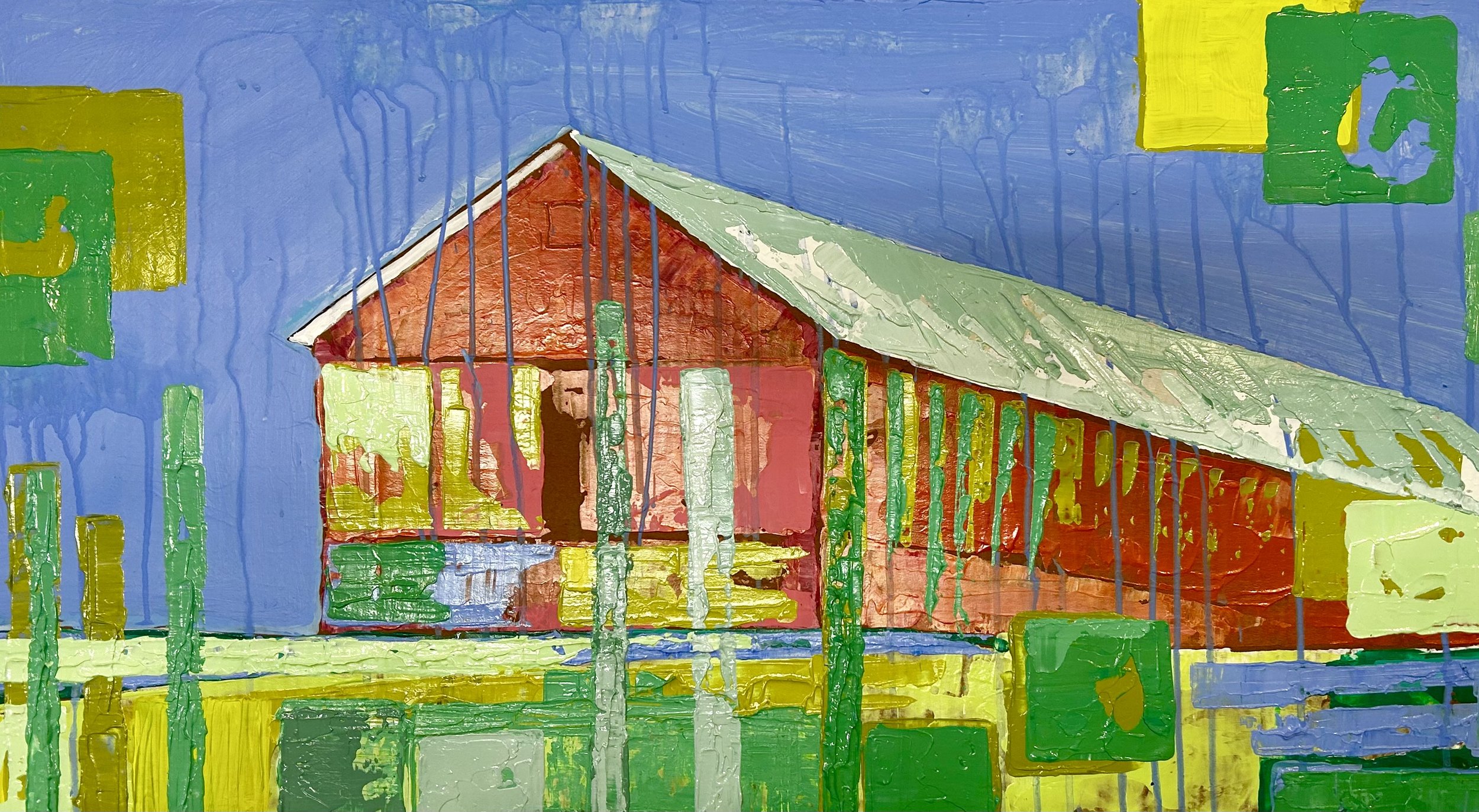 Pink Barn, 12x30 Acrylic on Cardboard.