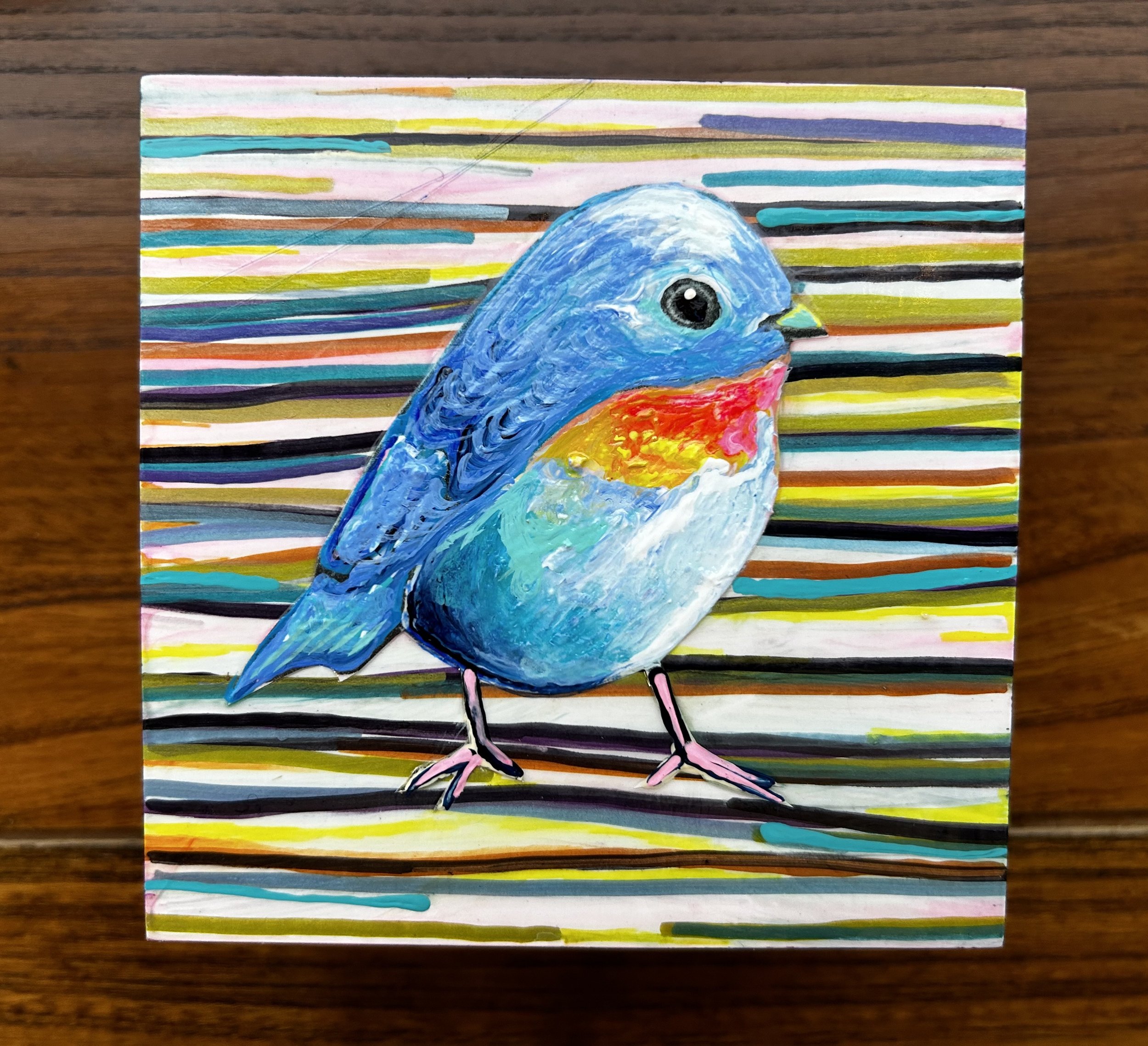 Baby Bluebird stripes, 4 x 4 x 2 in Acrylic on panel. SOLD