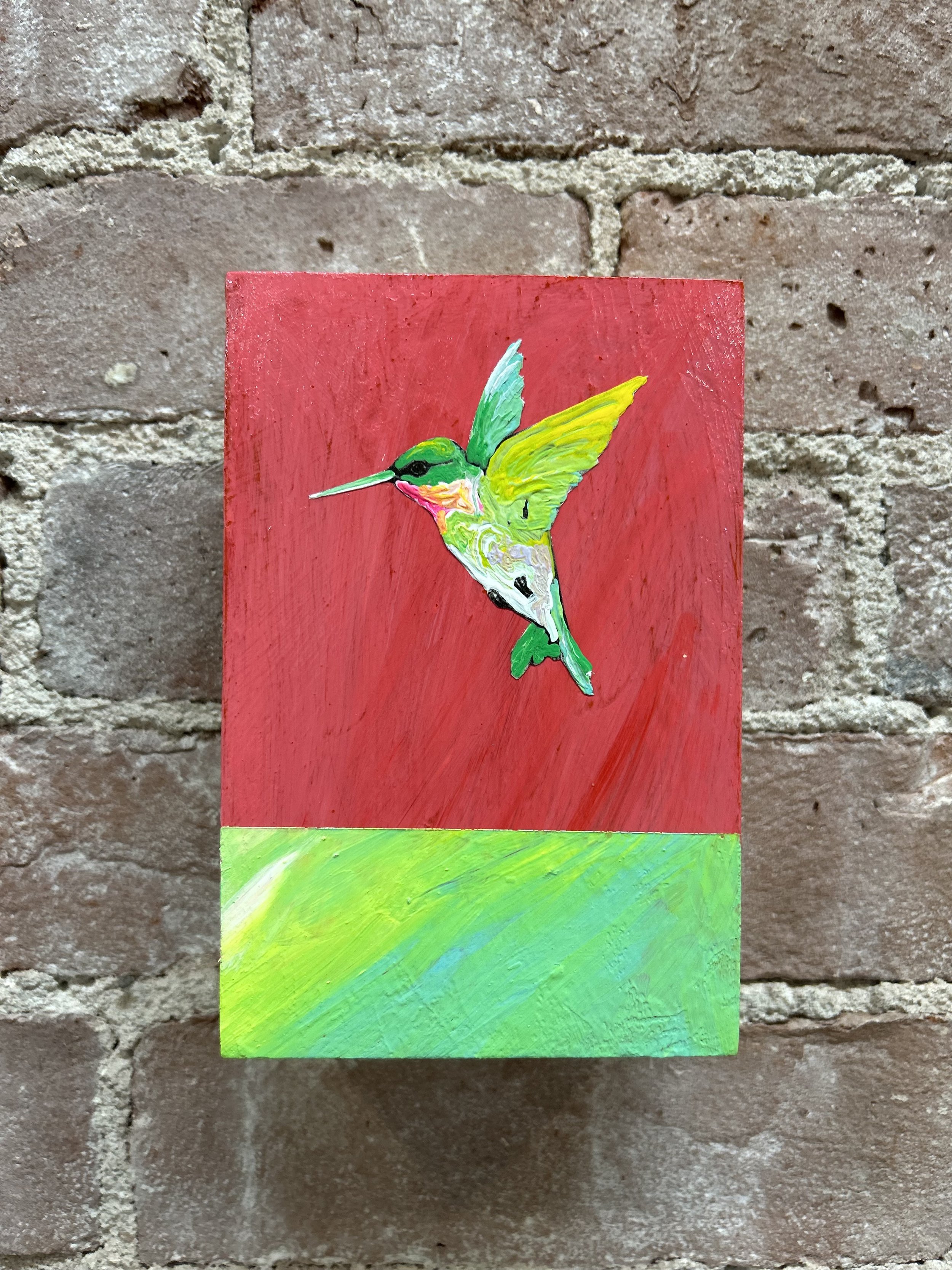 Green and Red Hummingbird, 3 x 6 x 2 in acrylic on birch panel. SOLD