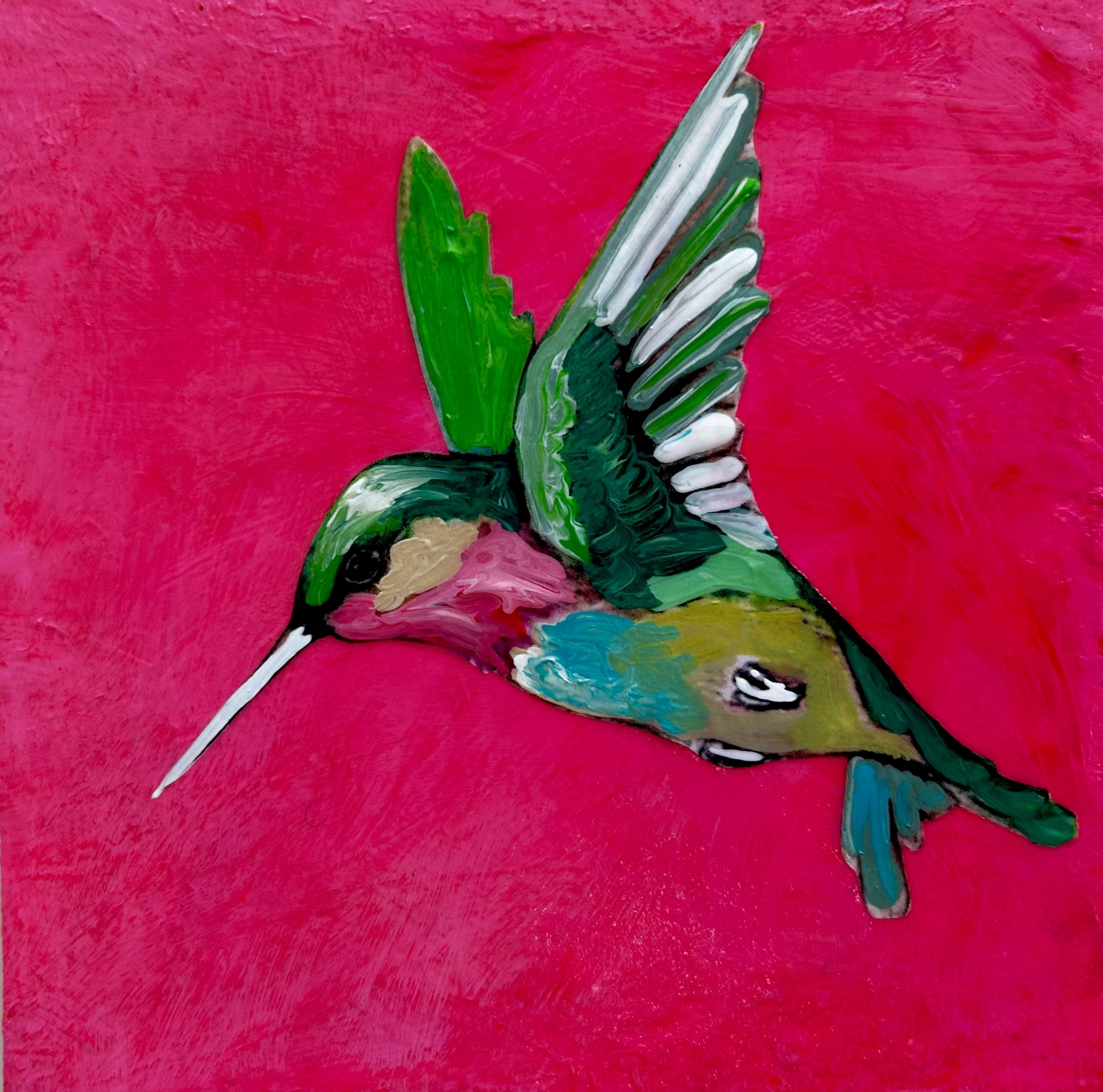 hummingbird in flight, 4 x 4 x 2 in Acrylic on panel. SOLD
