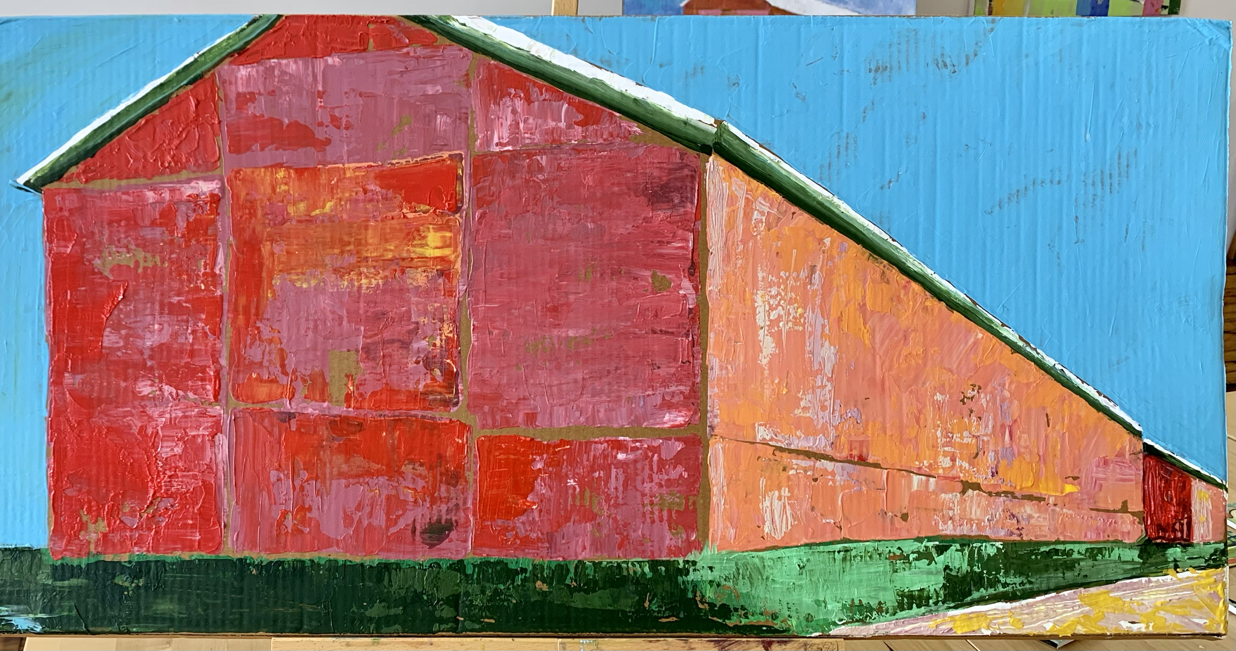2 Barns, 12x30 Acrylic on Cardboard. NFS