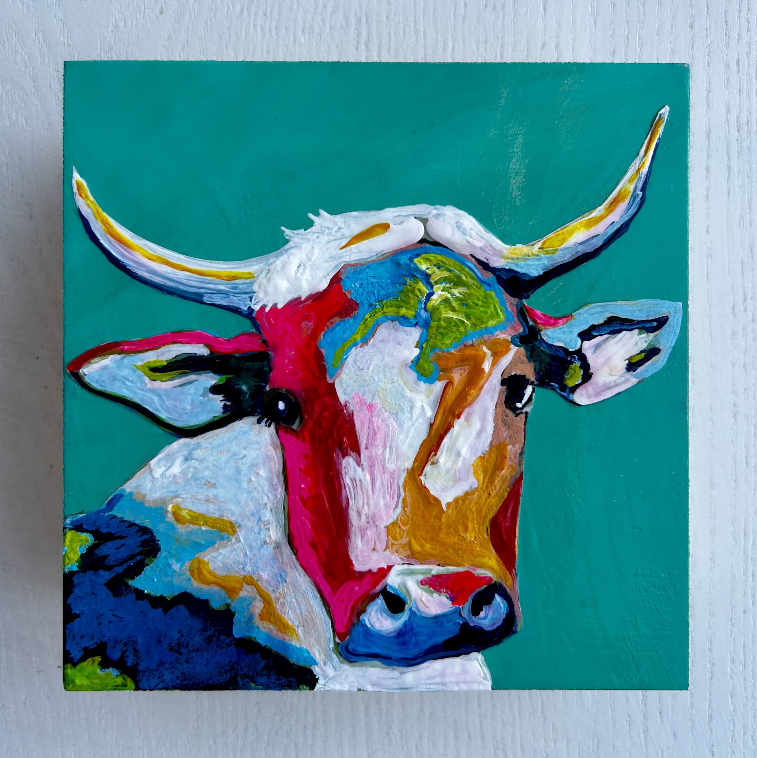 Green Cow, Acrylic on 5 x 5 Birch Panel SOLD