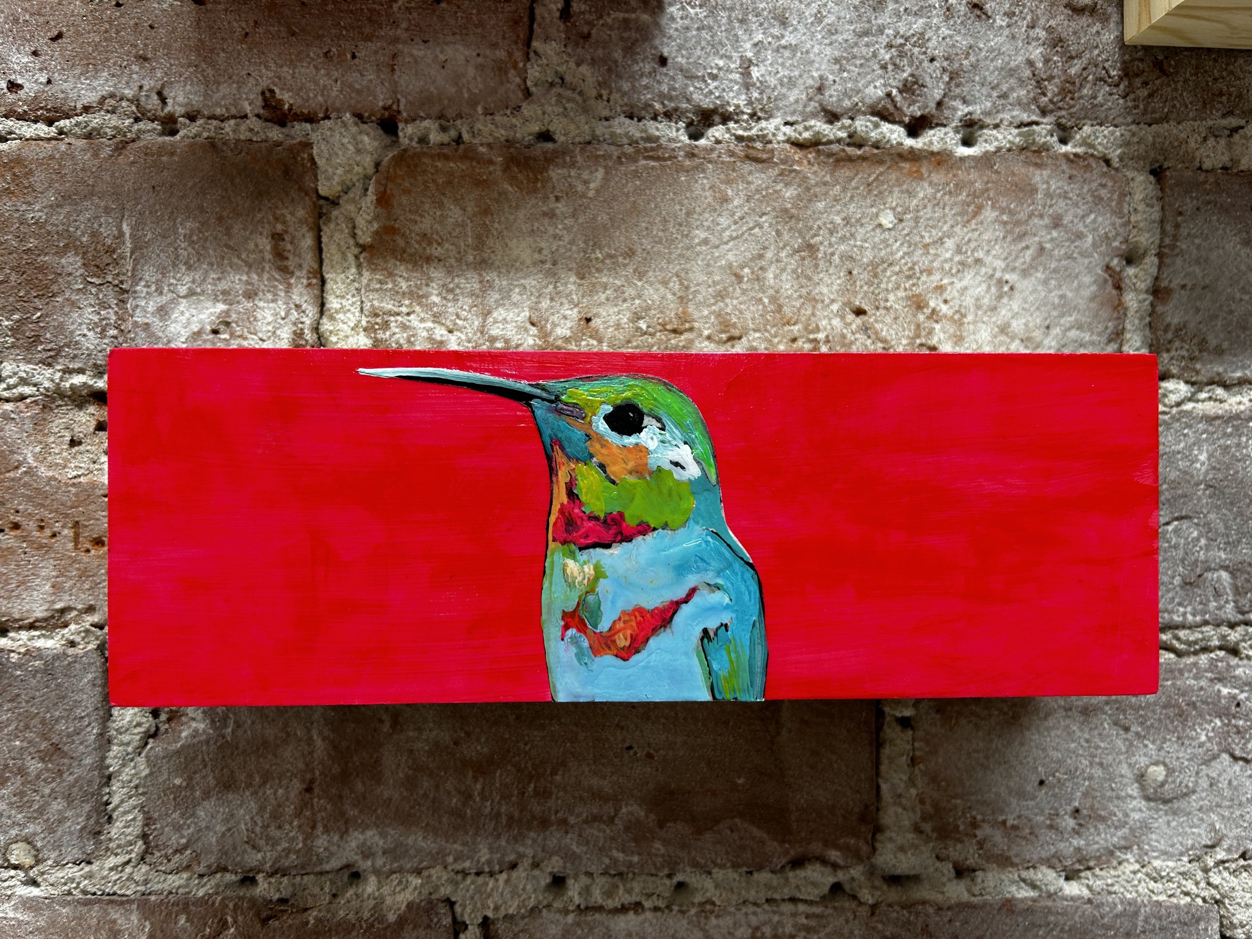 Hummingbird on red
3 x 9 acrylic on birch panel. SOLD