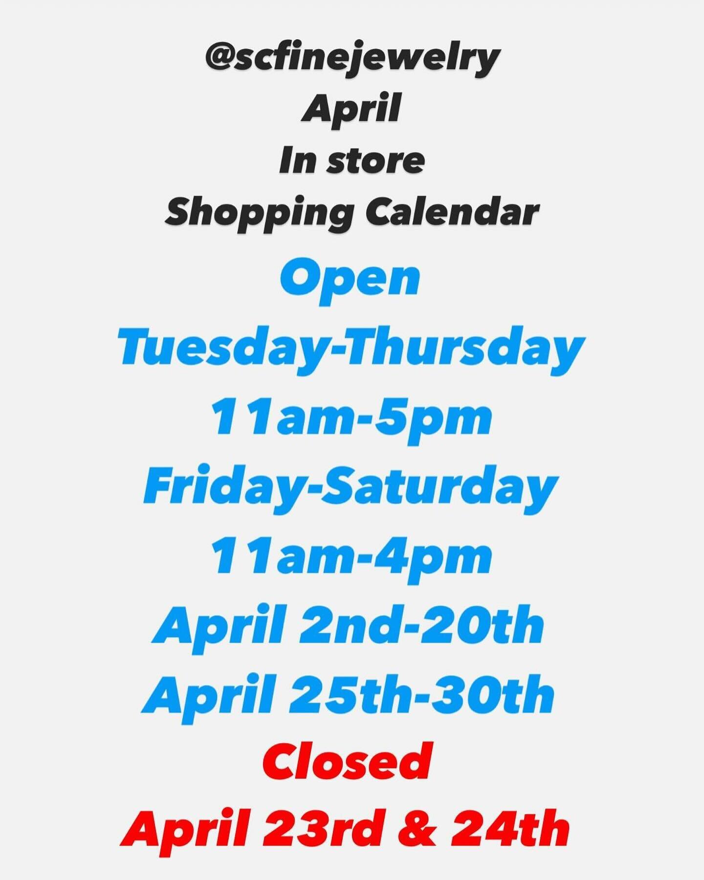 April Store Hours! 
Passover shopping is in full gear&hellip; text us to reserve your Passover gift now! 
718-683-4168 

#scfinejewelry #passover #ootd