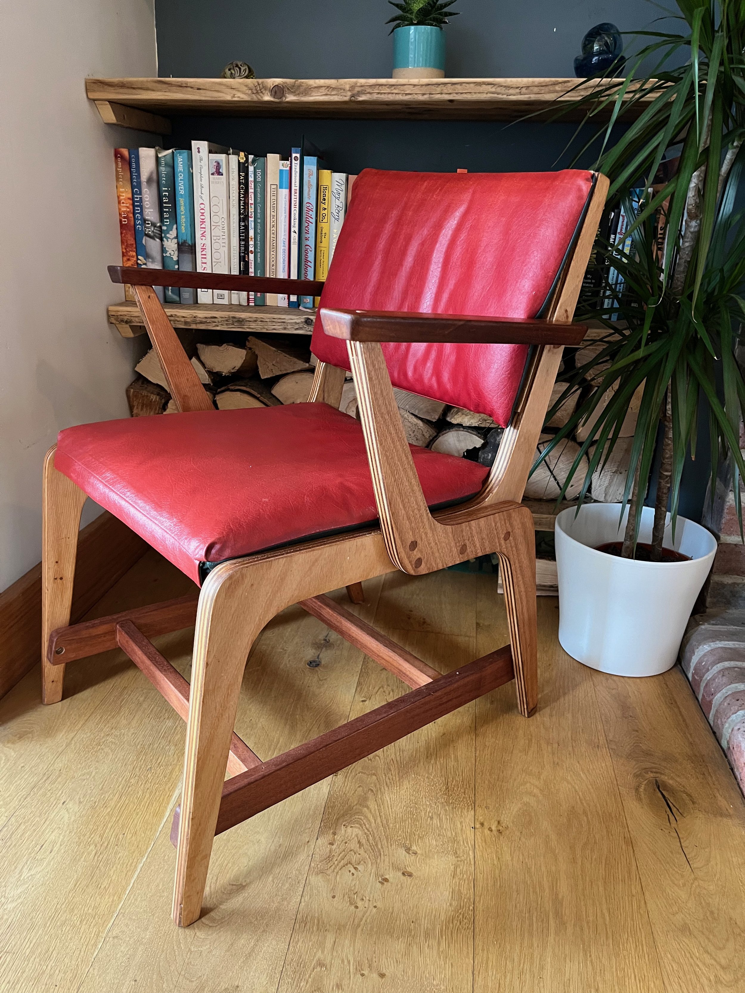 Vintage Retro Mid-Century Plywood Chair Reversible Red/Green Vinyl Seat Covers