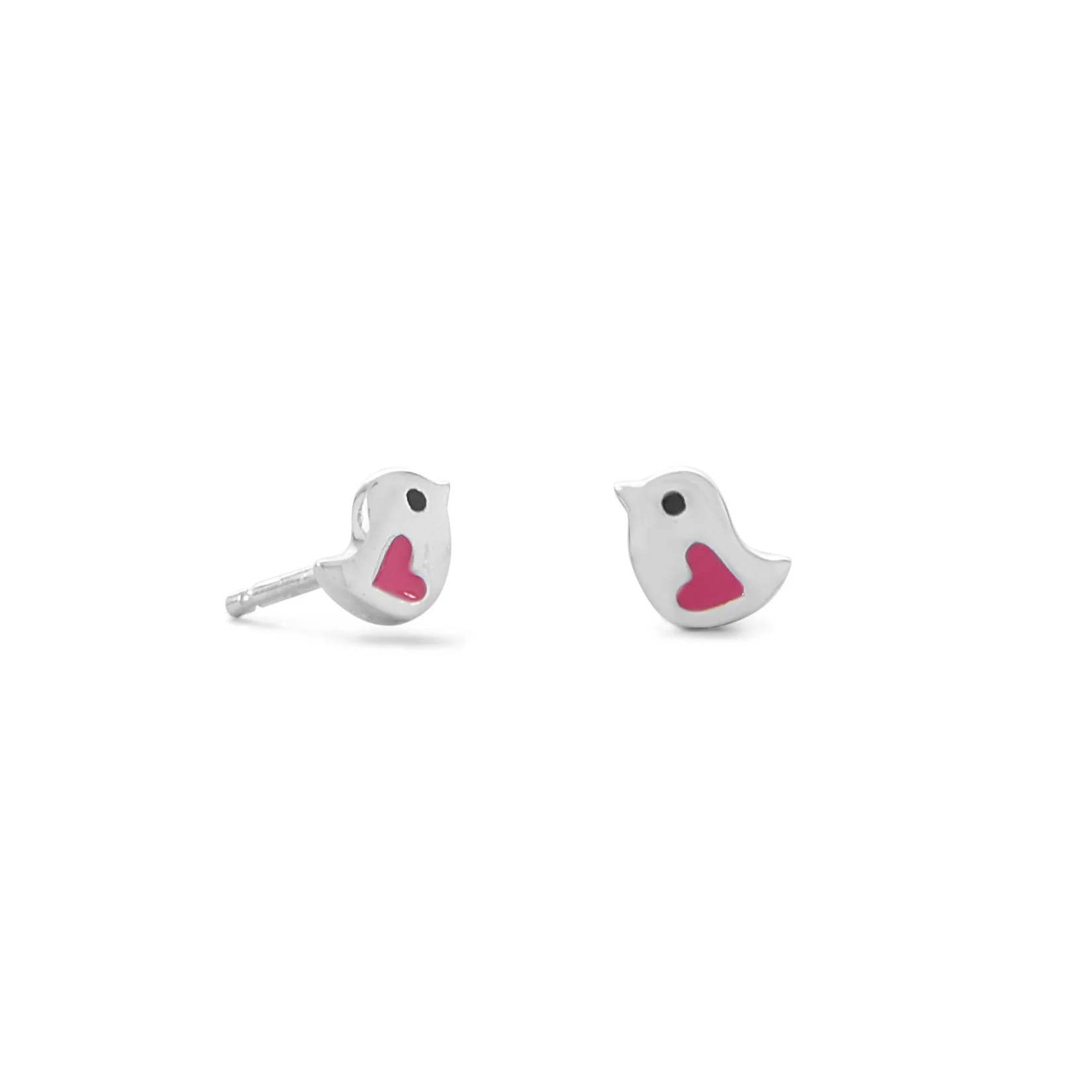 Bird with Pink Enamel Heart Stud Earrings