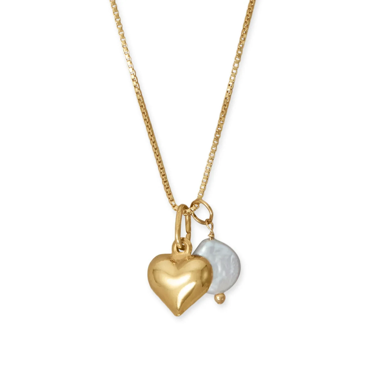 14 Karat Gold Plated Puffy Heart & Cultured Freshwater Coin Pearl Necklace