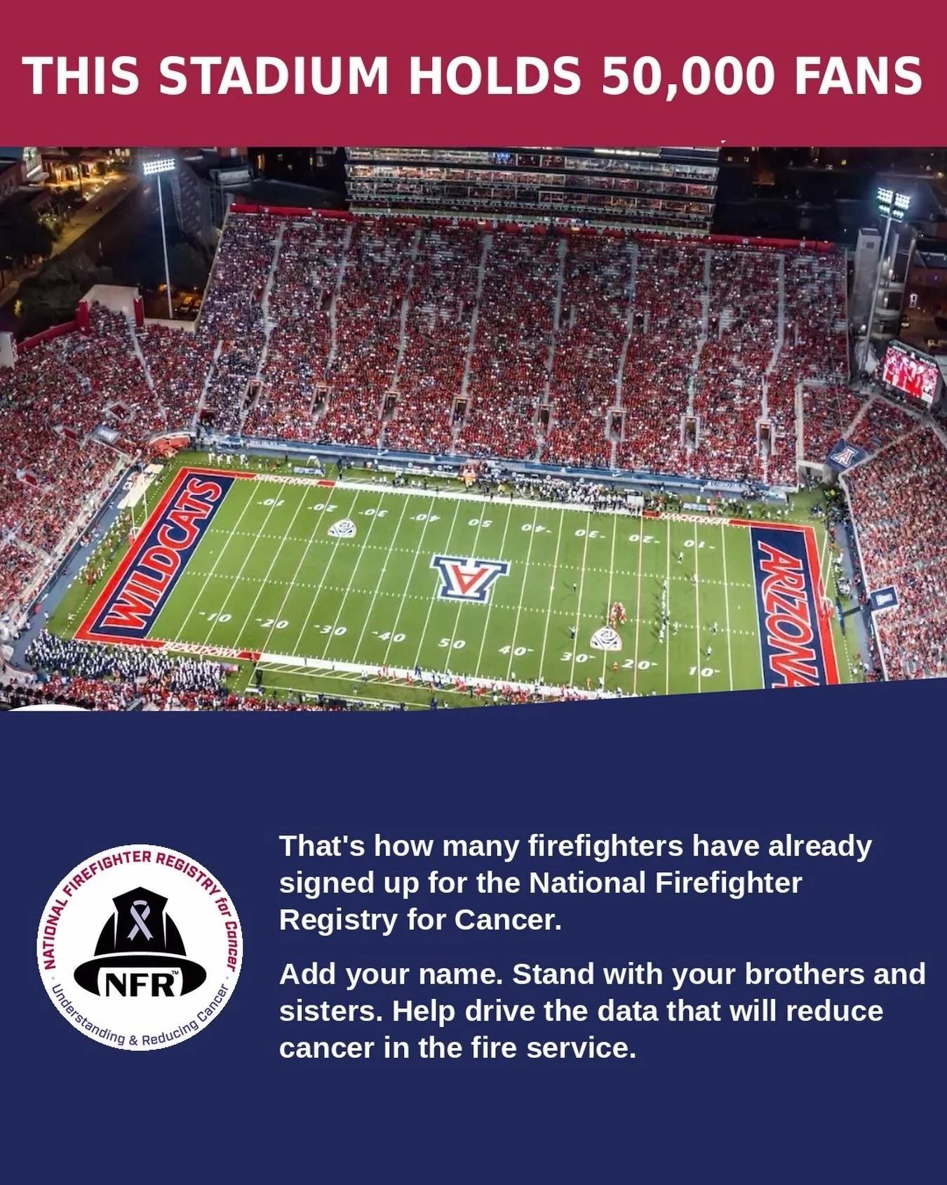 This stadium graphic stopped us this morning! 50,000 firefighters have signed up for the National Firefighter Registry for Cancer. Look at that image!!! Every seat is a person who said: I&rsquo;m in. Use my data. Protect the people coming after me.

