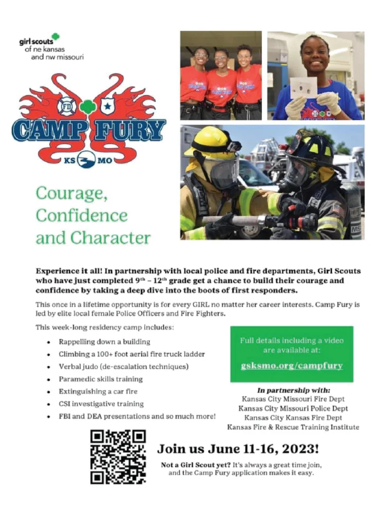 Flyer for Camp Fury, a summer fire camp for girls in grades 9 to 12 from the Girl Scouts of NE Kansas and NW Missouri