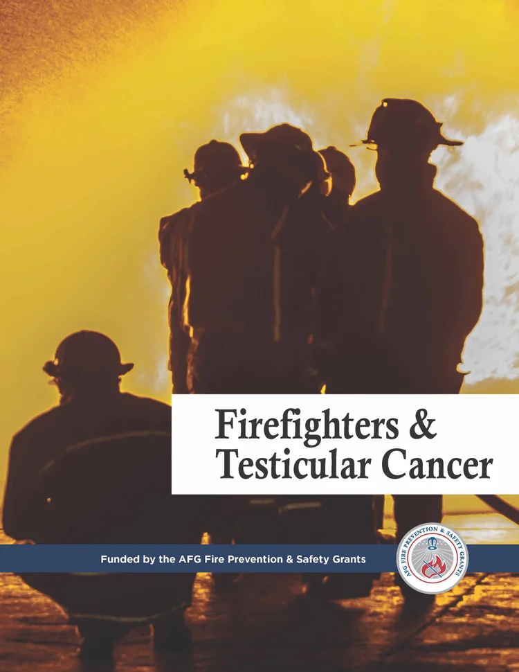Silhouettes of firefighters in gear facing flames with text overlay "Firefighters & Testicular Cancer."