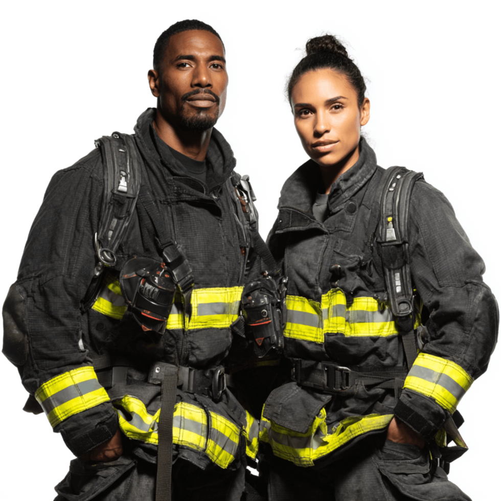 Male and female firefighters in full gear representing Science to the Station's mission to advance firefighter health and safety through research