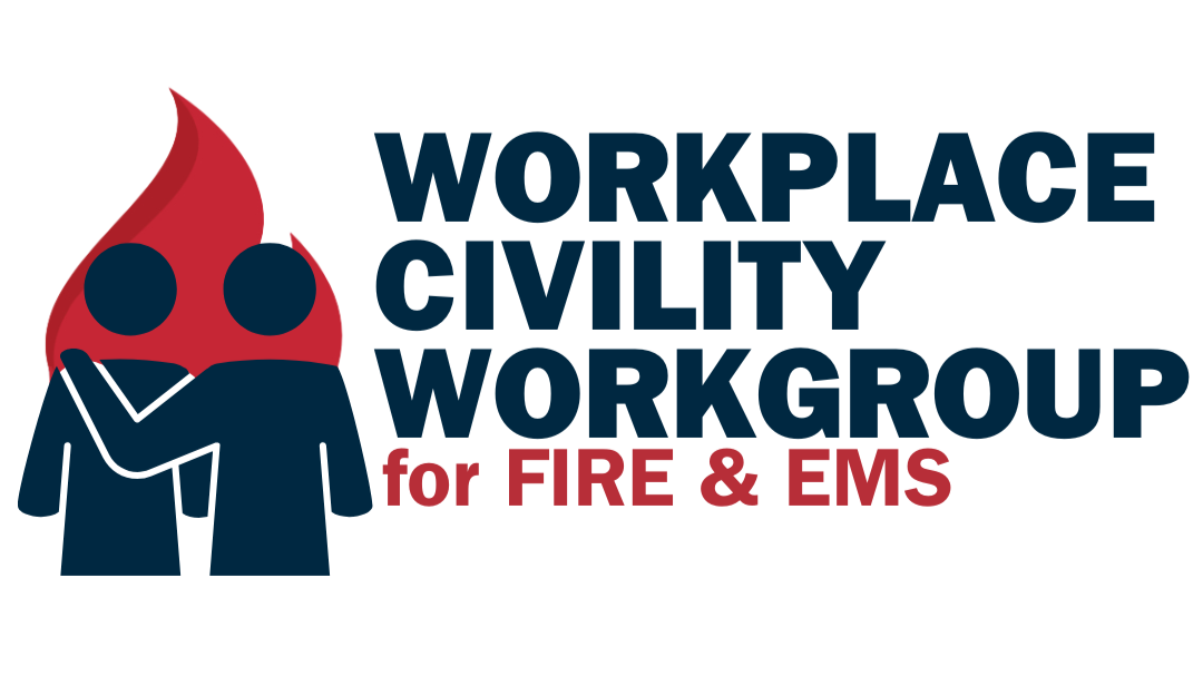 Logo for Workplace Civility Workgroup for Fire and EMS, featuring two simplified figures with a flame in the background, and text in bold fonts.