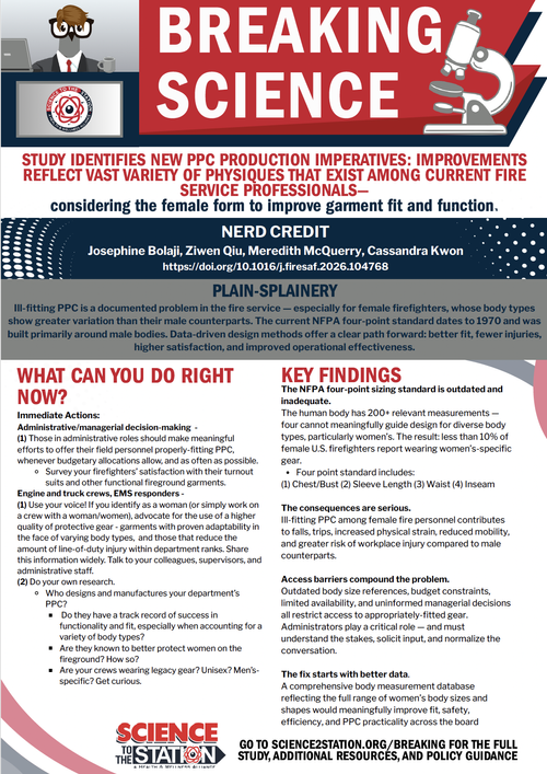 Preview of the S2S Breaking Science one-pager on PPC sizing standards for female firefighters