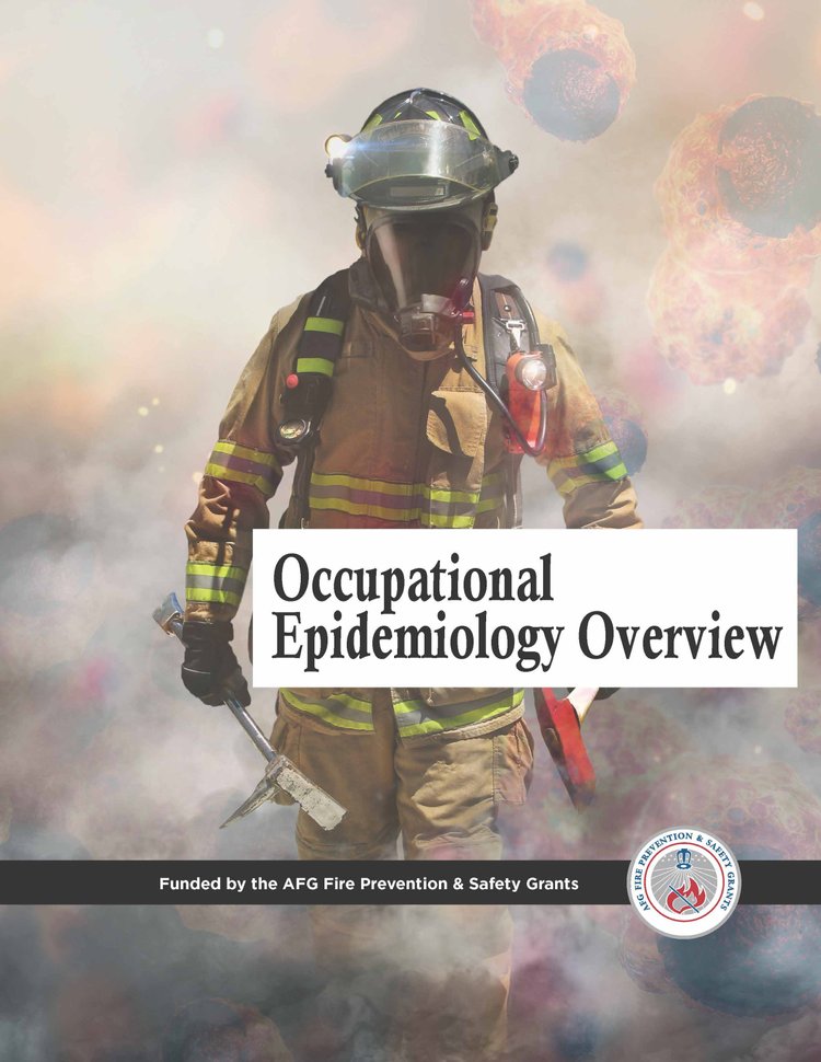 Firefighter in gear with smoke and cells, Occupational Epidemiology Overview text.