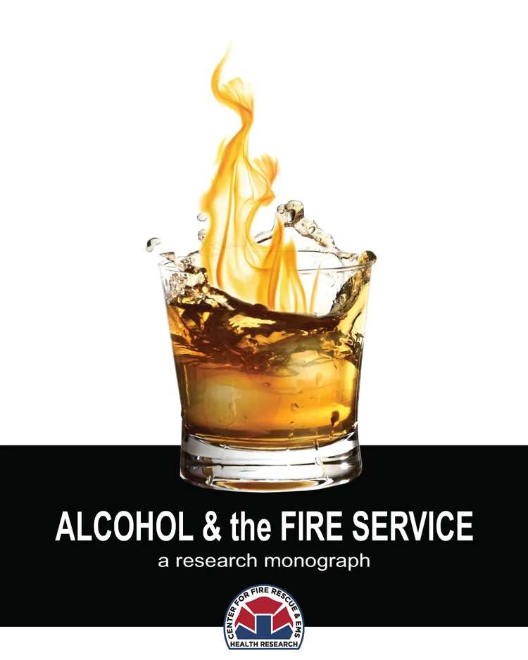 Cover of a research monograph titled "Alcohol & the Fire Service" featuring a glass of alcohol with flames.