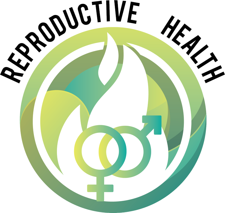 Green and blue symbol representing reproductive health with gender symbols and abstract leaf design.