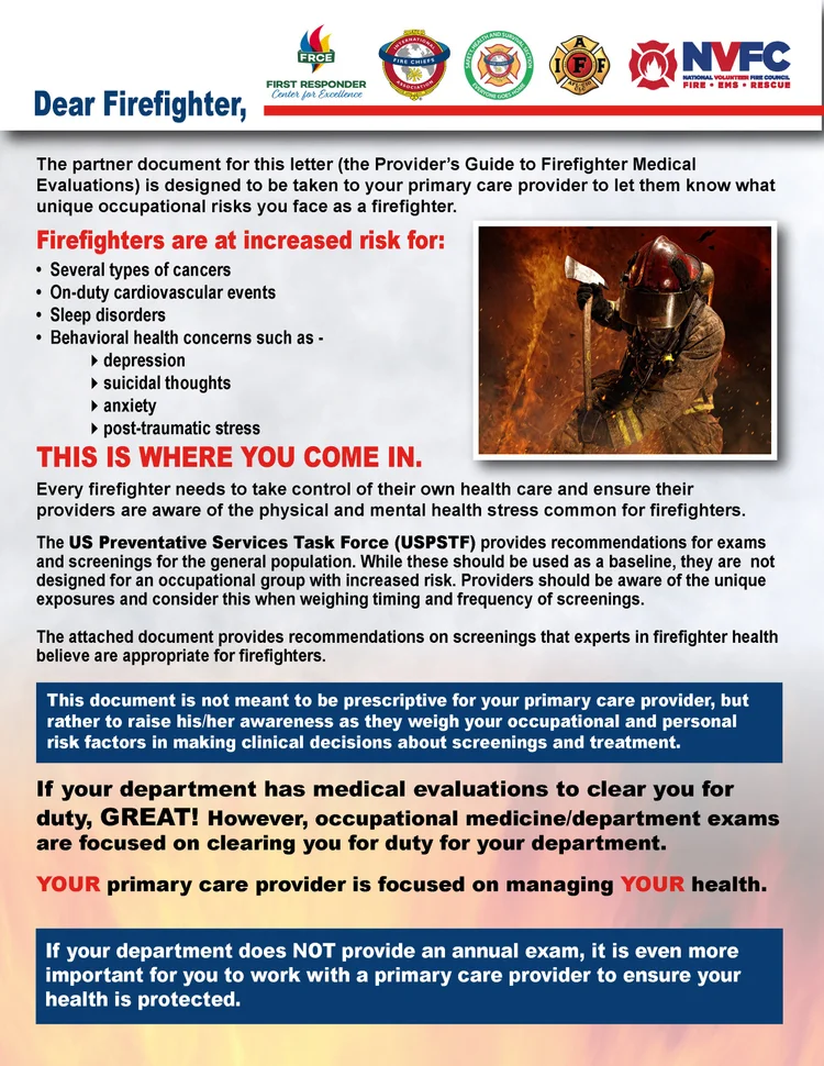 Cover of the Letter to Firefighters that accompanies the Provider’s Guide