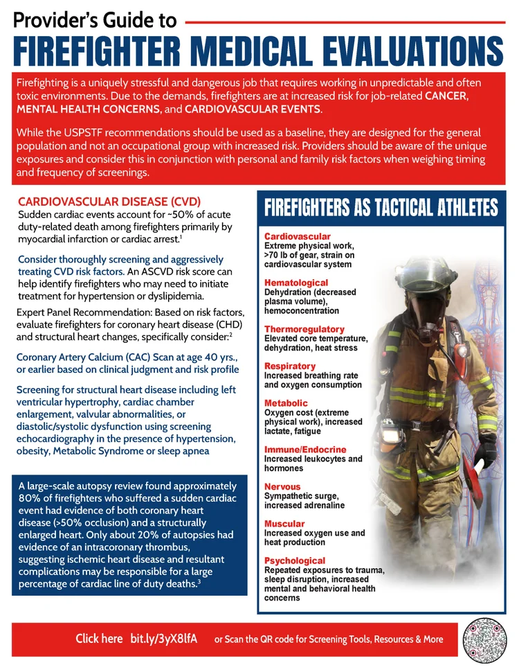 Infographic providing a guide to firefighter medical evaluations, highlighting increased risks for cancer, mental health
