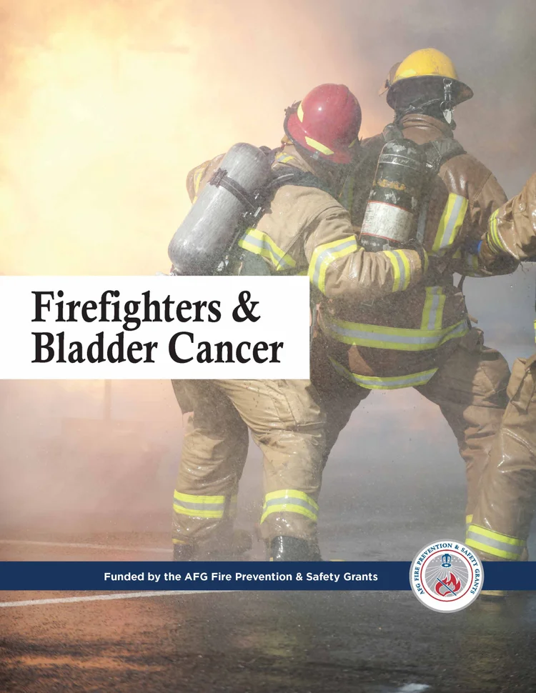 Two firefighters in gear amidst smoke with "Firefighters & Bladder Cancer" text.