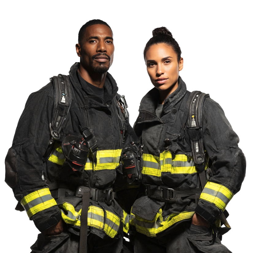 Black male and Hispanic female firefighters.