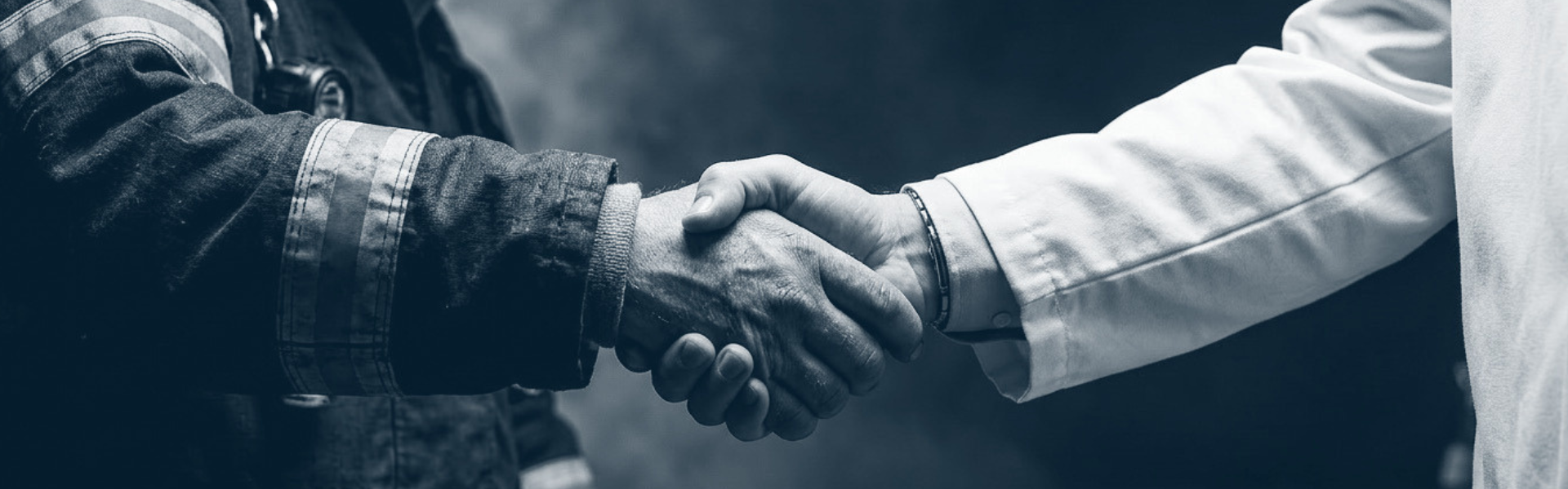 A firefighter in turnout gear shaking hands with a researcher in a lab coat