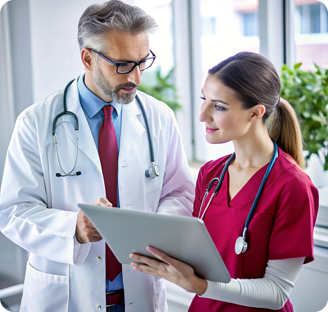 A male doctor and a female nurse looking at a tablet together in a medical office.