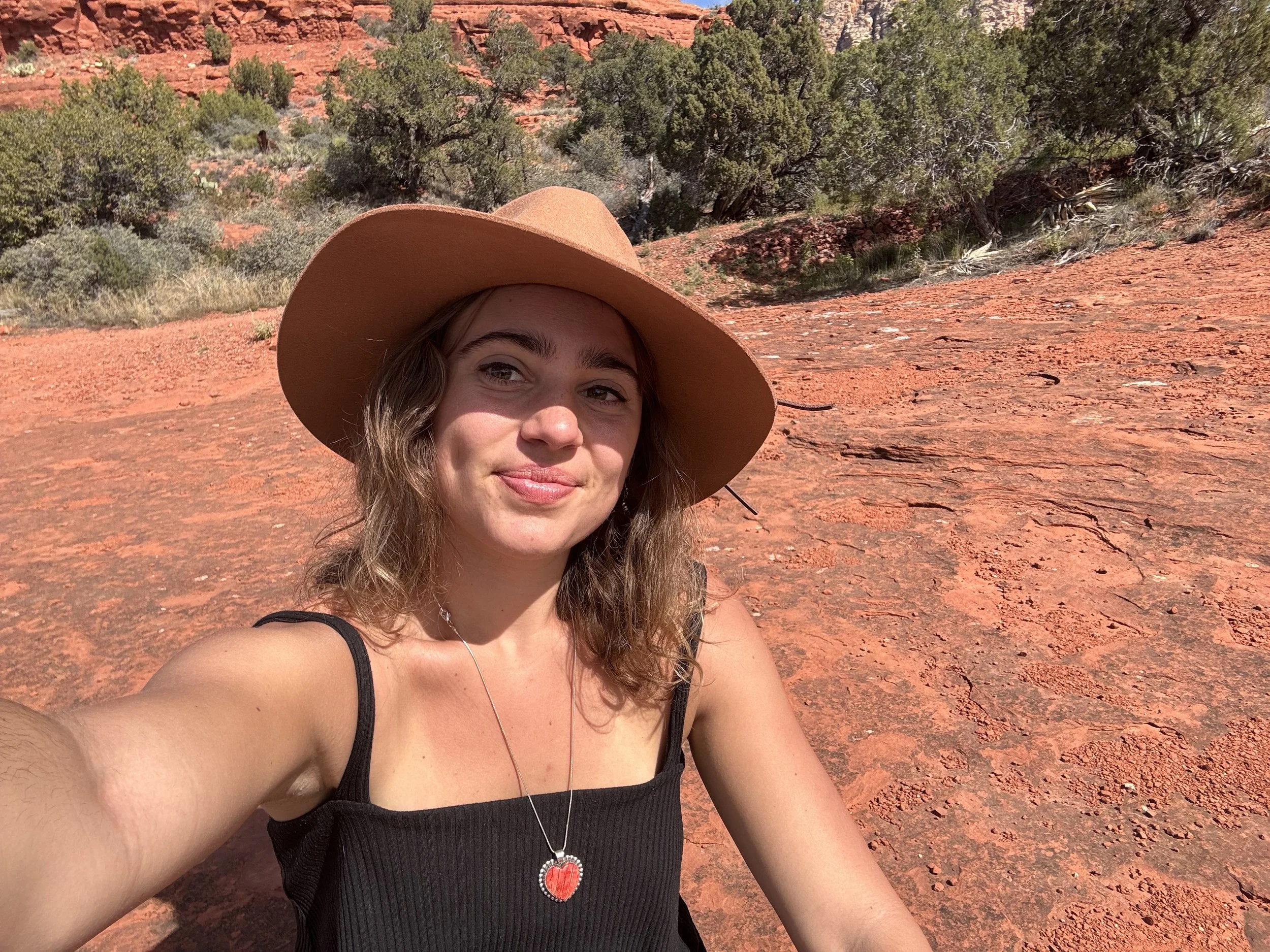 A woman with wavy brown hair wearing a wide-brimmed tan hat and a black sleeveless top, smiling and taking a selfie in a desert landscape with red rock formations and sparse green bushes.