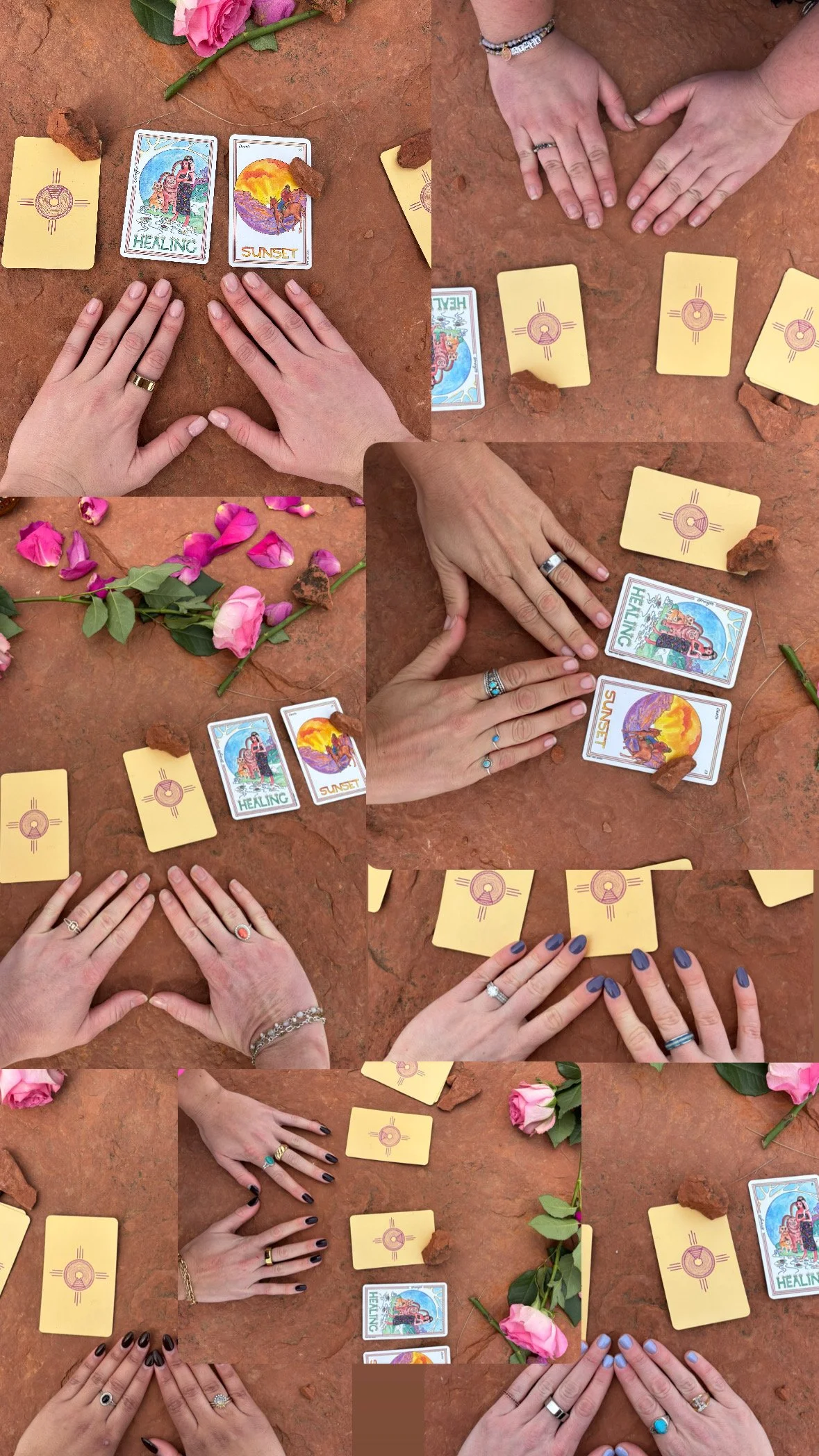 Six different hands with rings and manicured nails displayed over a reddish-brown surface, with tarot cards showing 'Healing' and 'Sunset,' along with pink roses, broken rocks, and yellow cards with a purple symbol arranged in a divination or spiritu