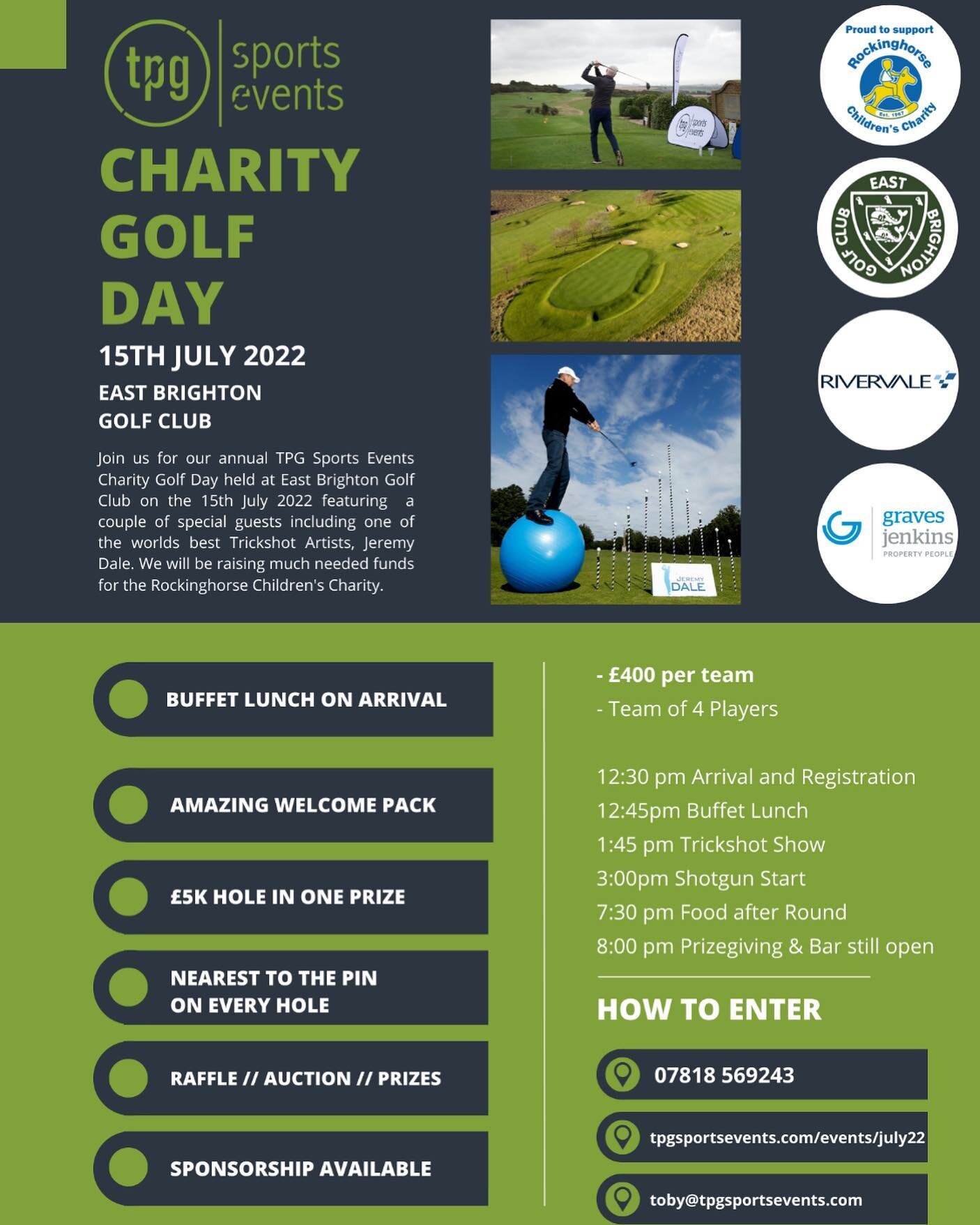 GOLF DAY NEXT WEEK👊🏼

With only 3 teams left for the golf day. Please let us know if you want to enter a team!  The best golf day in Sussex with amazing prizes, world famous trick shot artist and raising funds for a wonderful charity in Rockinghors
