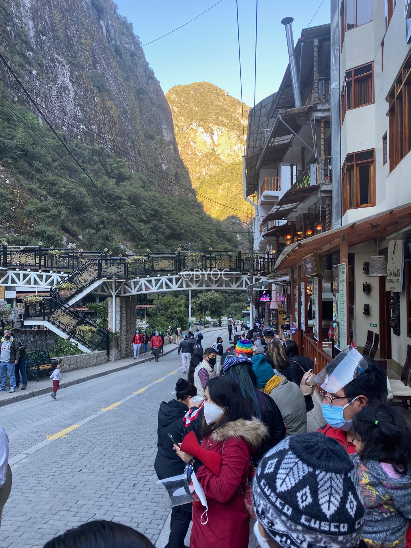 Waiting for bus in Aguas Calientes to Machu Picchu