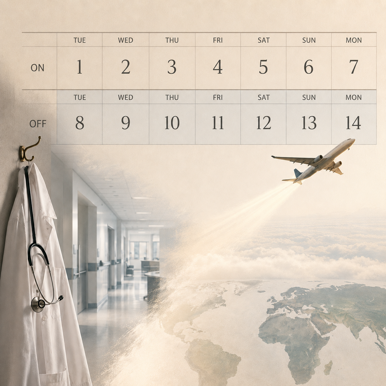 A two-week calendar showing seven days on and seven days off, transitioning from a hospital corridor and physician’s coat to an airplane and world map.