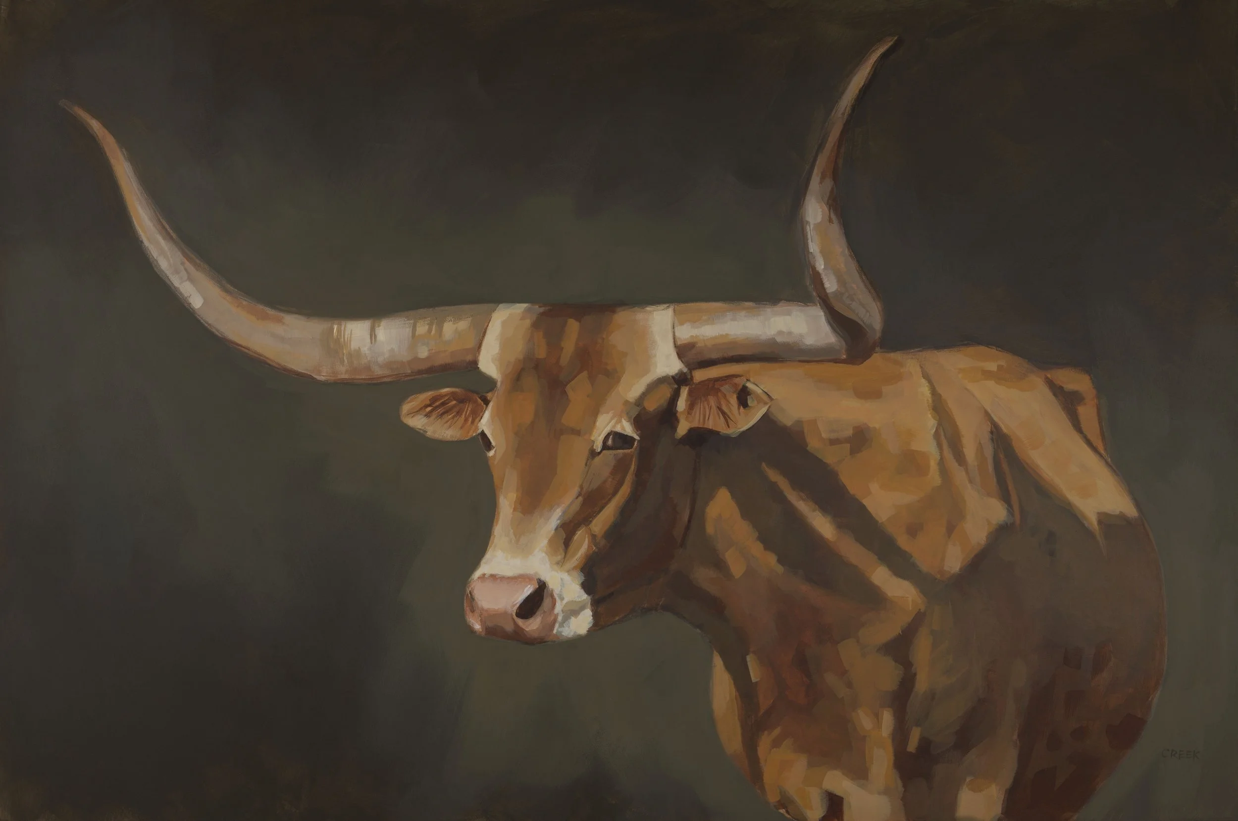 Painting of a longhorn steer with large curved horns on a dark background.