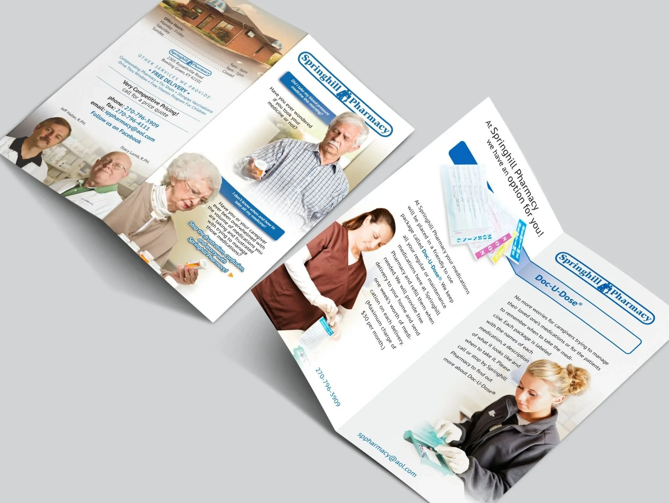 Flyer for Springhill Pharmacy highlighting medication delivery service, with images of healthcare professionals and elderly patients, and contact information.