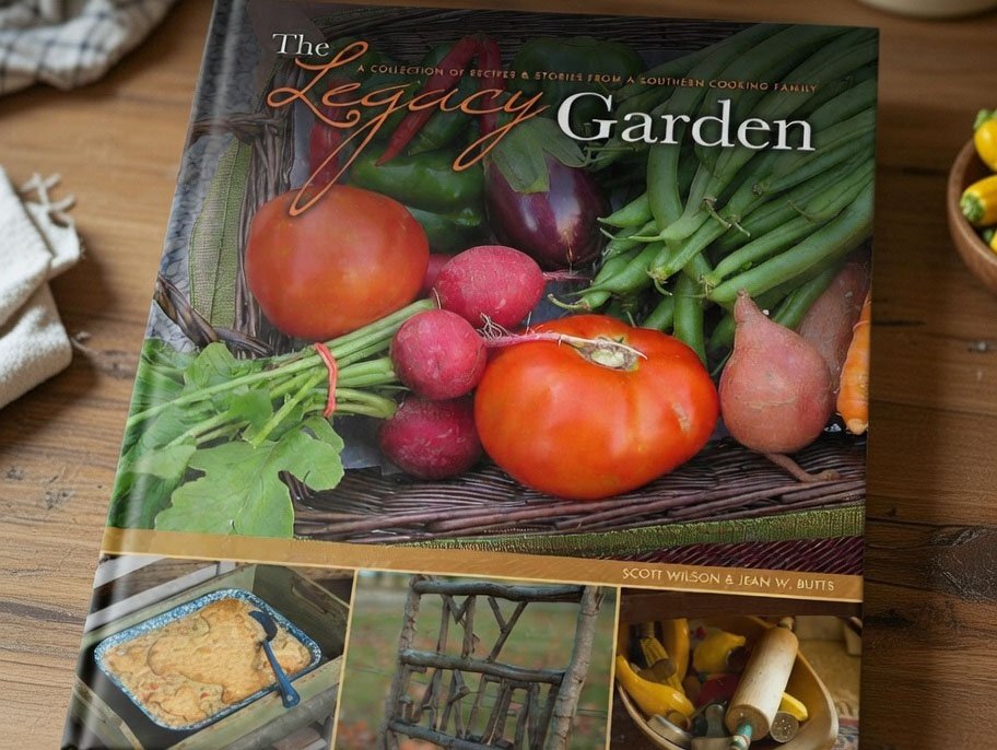 Book titled 'The Legacy Garden' featuring a cover photo of fresh vegetables including tomatoes, radishes, green beans, and onions, with additional smaller images of baked dish, rustic chair, and garden tools.