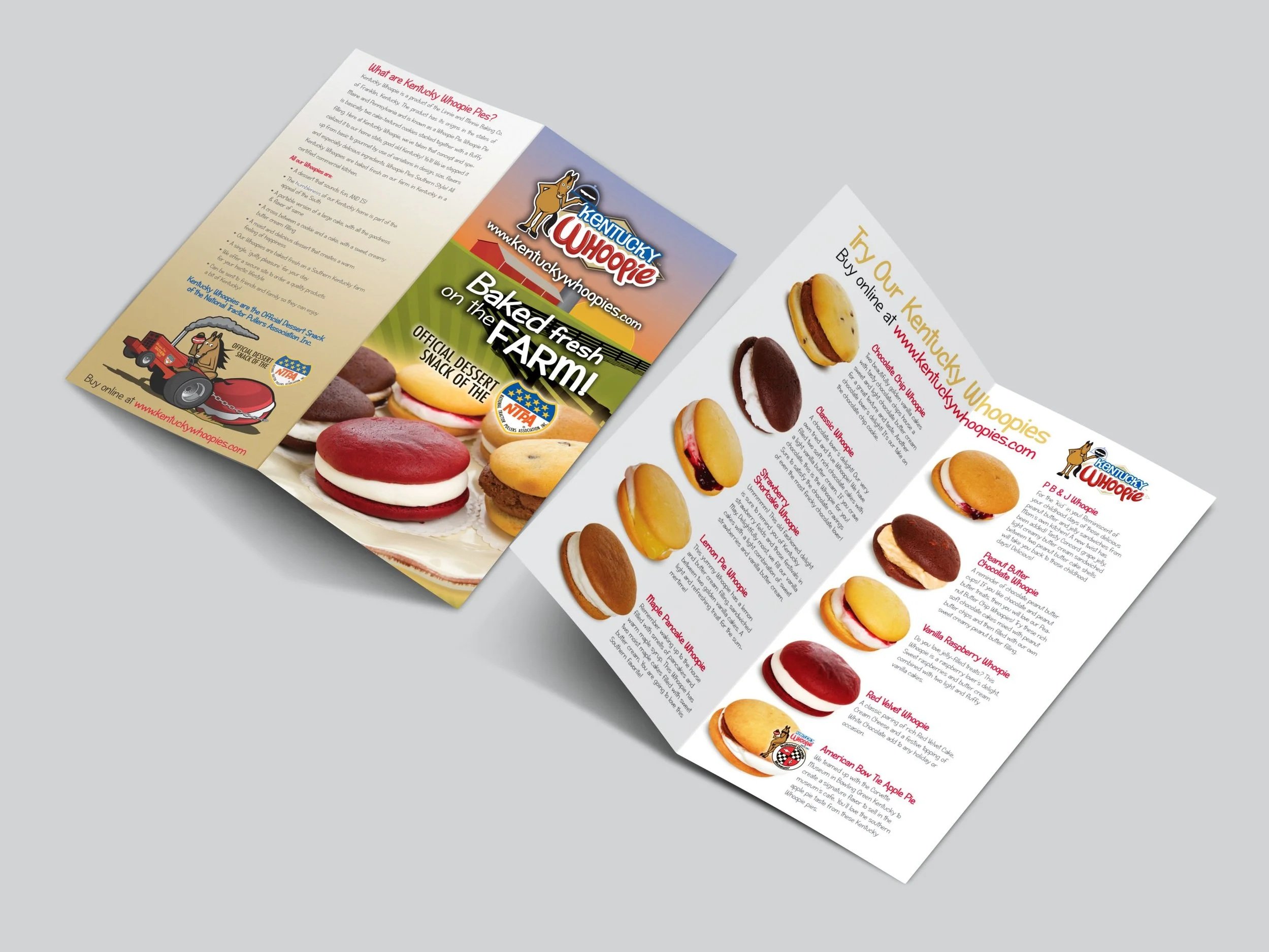Tri-fold brochure for Kentucky Whoopies featuring images and descriptions of various whoopie pies and a call to buy online at kentuckywhoopies.com.