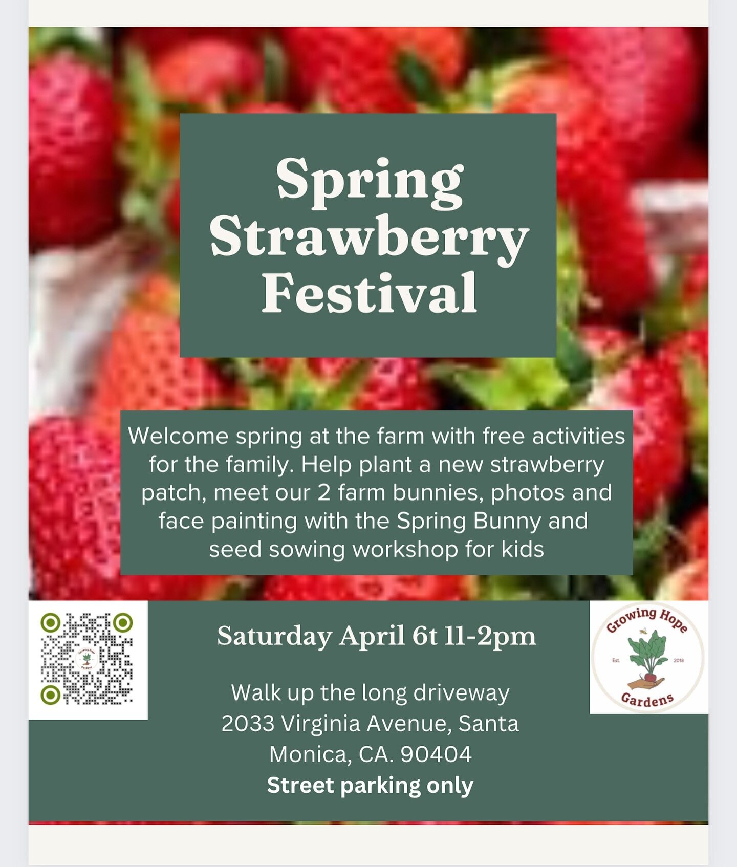 Join us this Saturday April 6th, 11am-2 for our first Strawberry Festival. It&rsquo;s free! Just signup in the link in our bio 🍓🍓. We will welcome springtime with the planting of a strawberry patch, meet our 2 farm bunnies 🐇, face paintings and ha