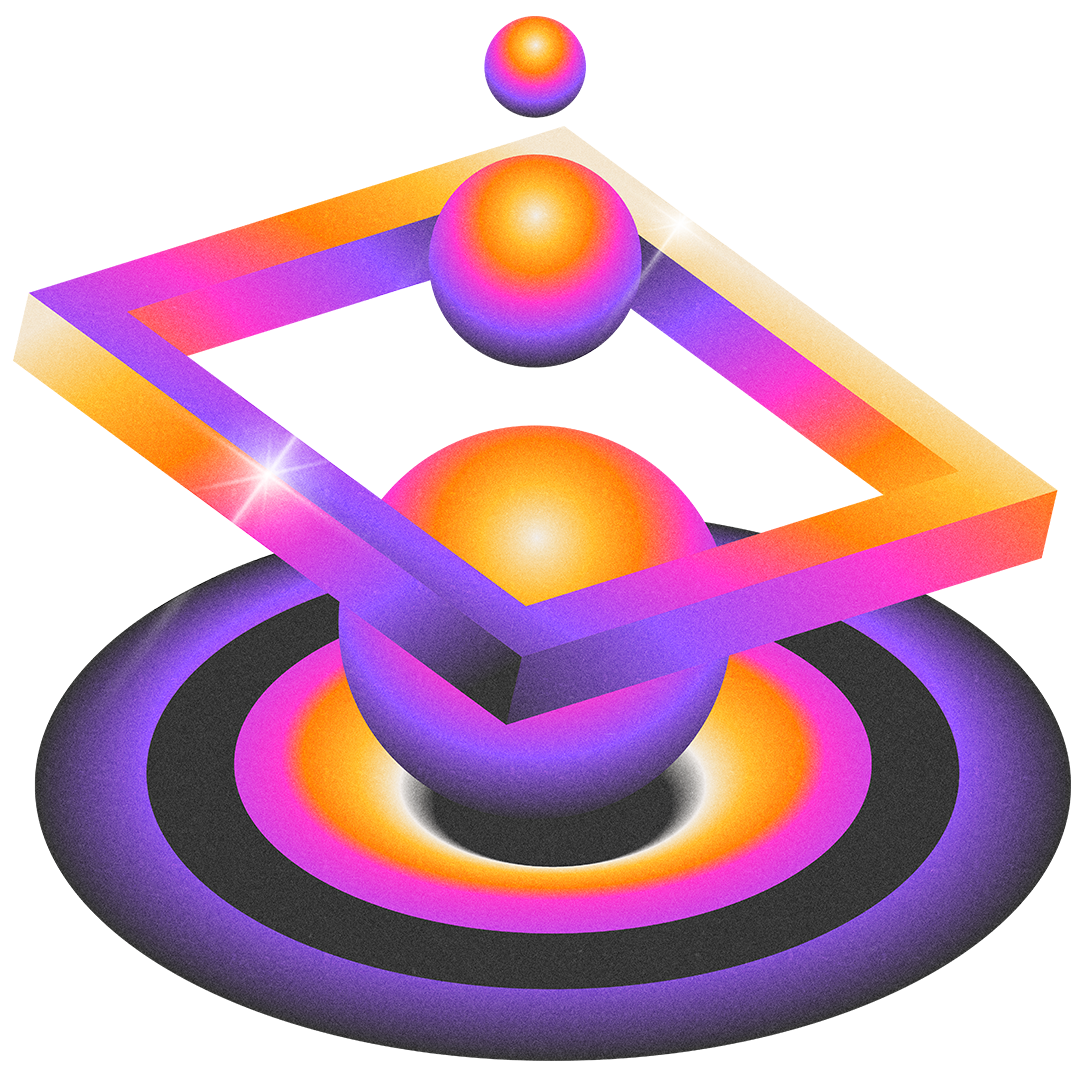 Neon geometric abstract art with colorful spheres and a tilted cube, incorporating bright pink, orange, purple, and yellow hues, with a black circular base and radiant light effects.