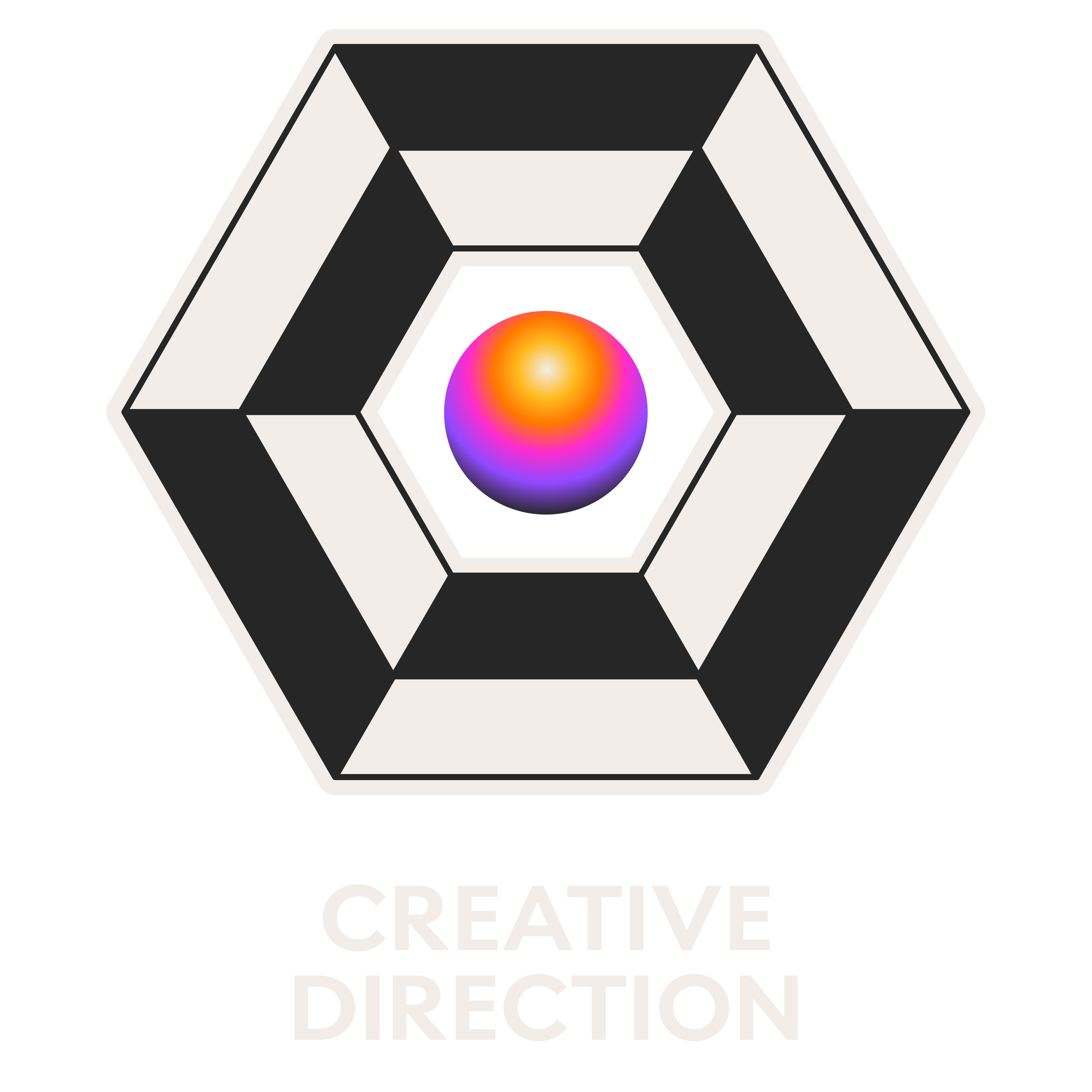 Graphic design with a hexagon shape containing a colorful sphere in the center, with the words 'CREATE', 'DIRECTION', and 'P' visible, suggesting a creative or artistic theme.