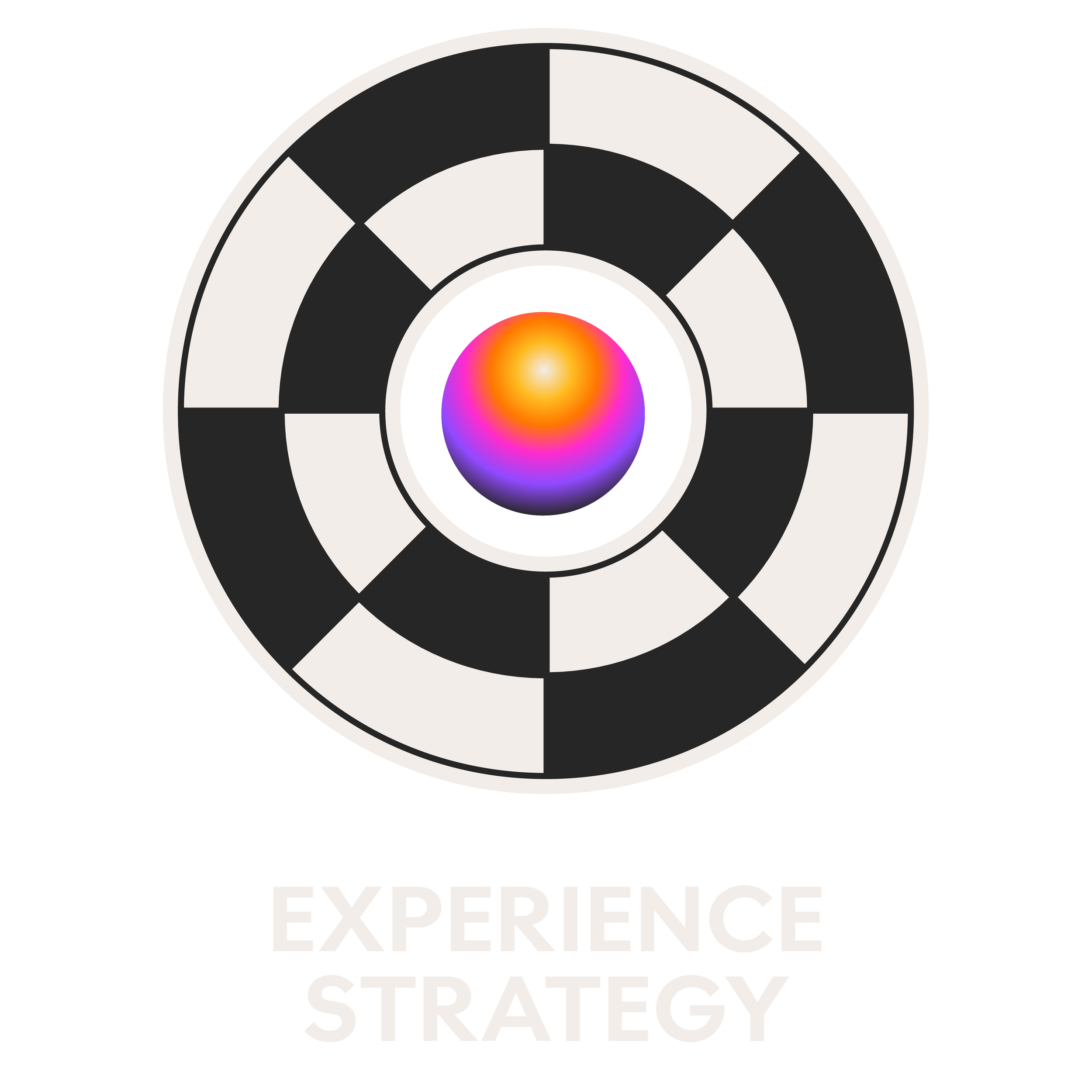A circular logo with the words "Experience Strategy" around the inner circle and a multi-colored sphere in the center, all on a black background.