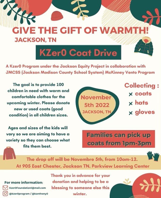 🚨 Drop off location has been announced!!! The KZer0 coat drive location will be at the Parkview Learning Center on November 5th from 10am -12 (noon). The address is 905 East Chester, Jackson TN. Families in need of the coats will be able to pick the