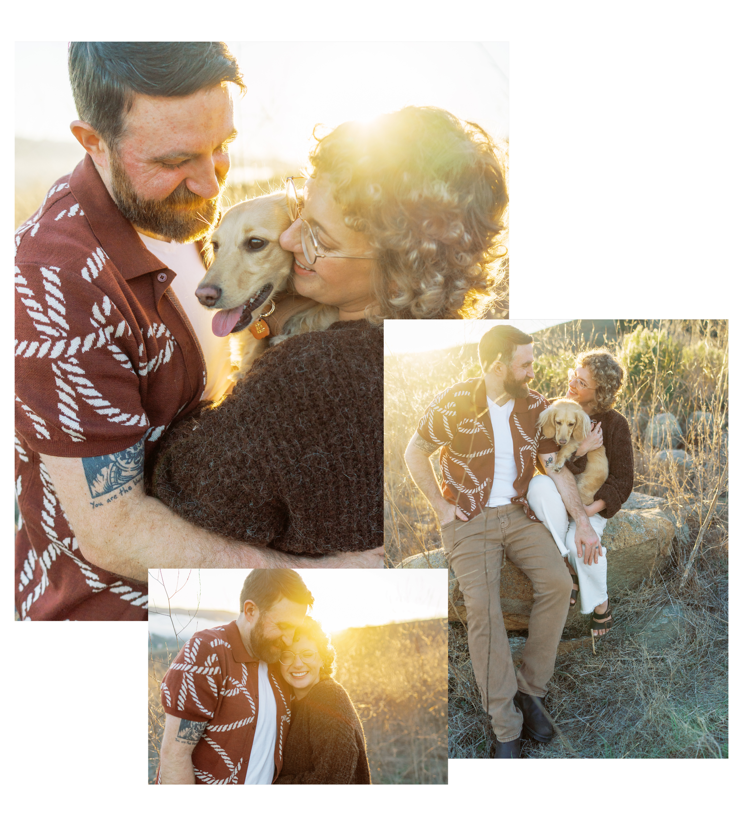 Emma and Lee, wedding photo and video team based out of the PNW, take holiday photos in a beautiful field with their dog.