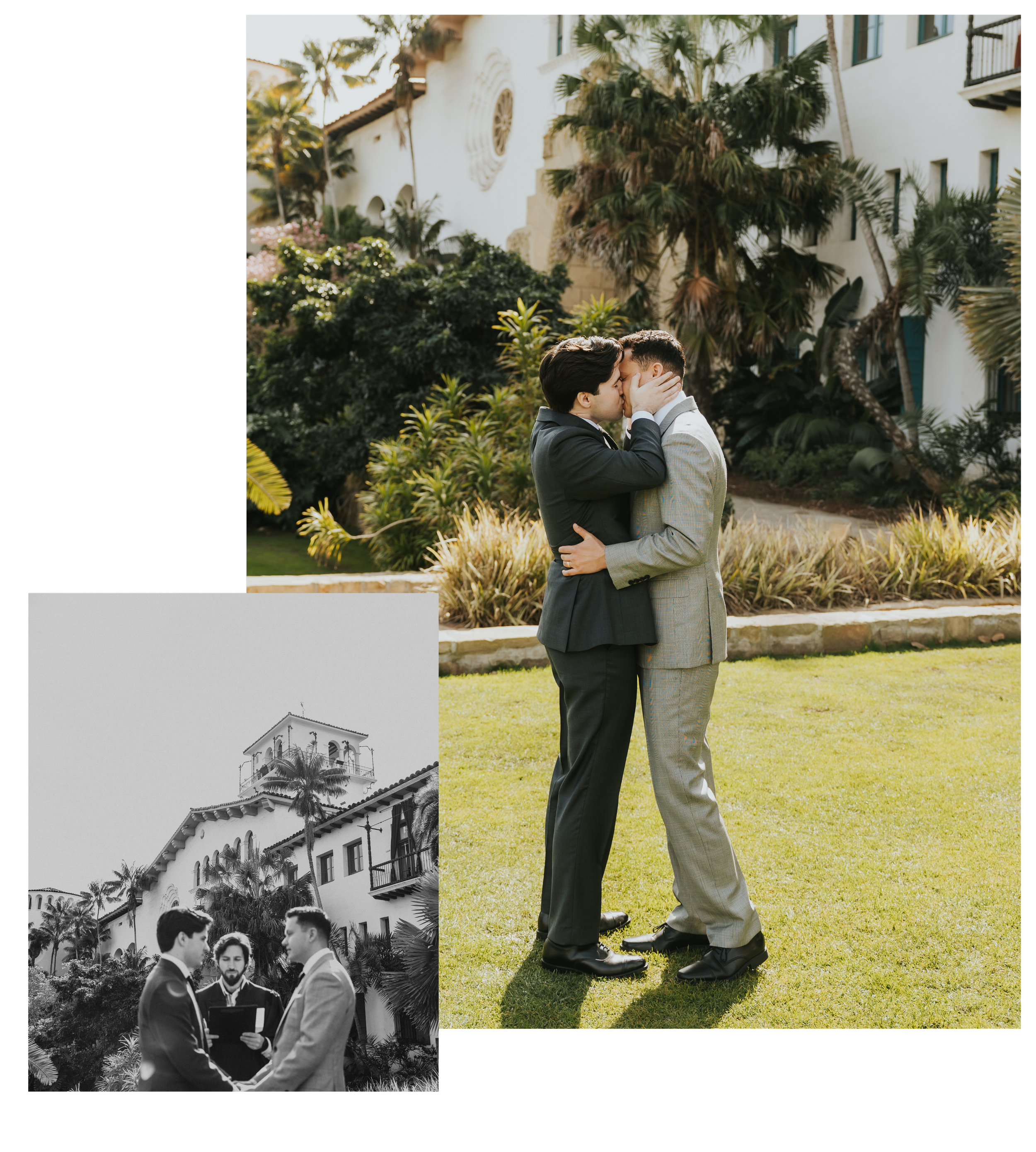 Photo collage of two images. Image 1 is in black and white featuring the grooms holding hands during their elopement ceremony in Seattle. Image 2 is in color of the grooms' first kiss.