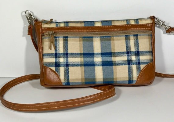 Small Crossbody Bag Blue, Tan and Cream Plaid with <br/>Light Brown Vinyl  Detachable Strap and <br/>Wallet Pockets — Teresa's Treasures