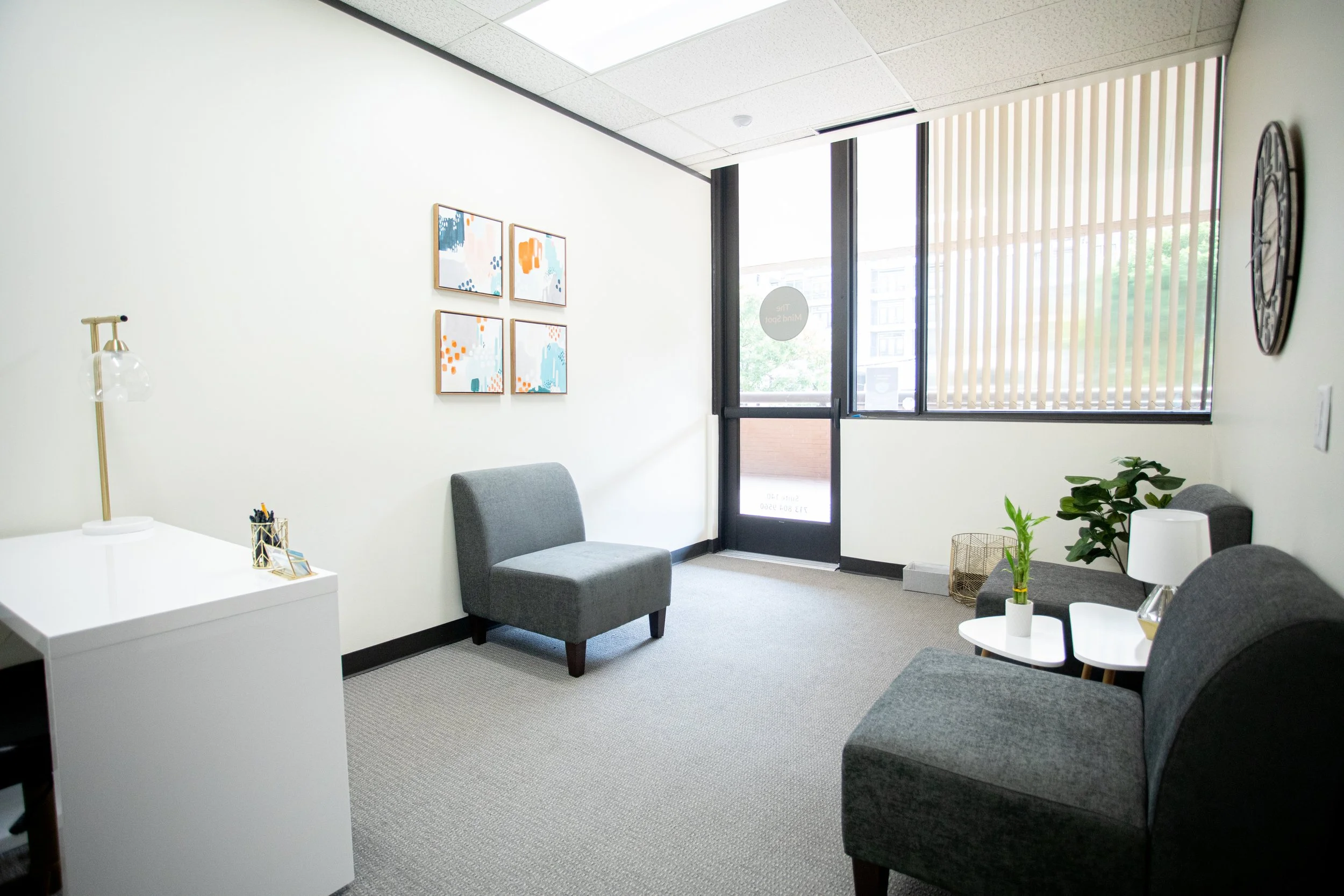 Our counseling center space! The Mind Spot has a beautiful, newly-renovated office space with plenty of parking and an easy front door entrance from the parking lot. We are conveniently located at 3000 Weslayan, at the corner of Weslayan and W. Alaba