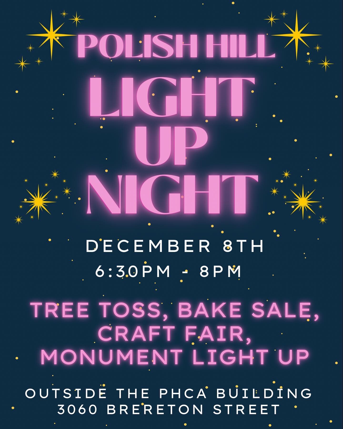 Thursday, December 8th 630p to 8p at 3060 brereton
Tree toss, bake sale, craft fair, monument light light up (thanks to the monument committee) with music from @emoulinier Dj Erica Scary