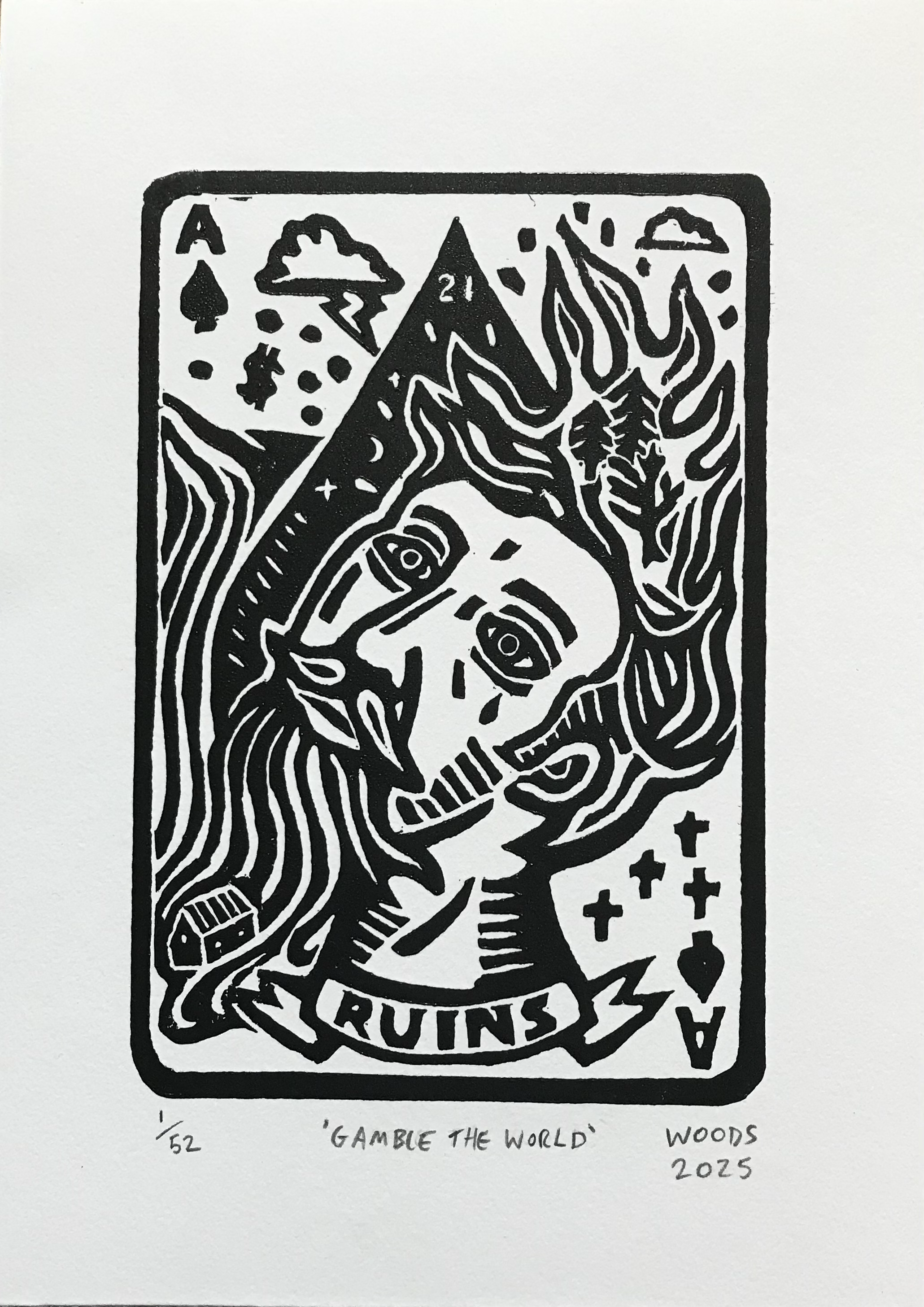 'Gamble The World,' Lino Print, Edition of 52, 2025