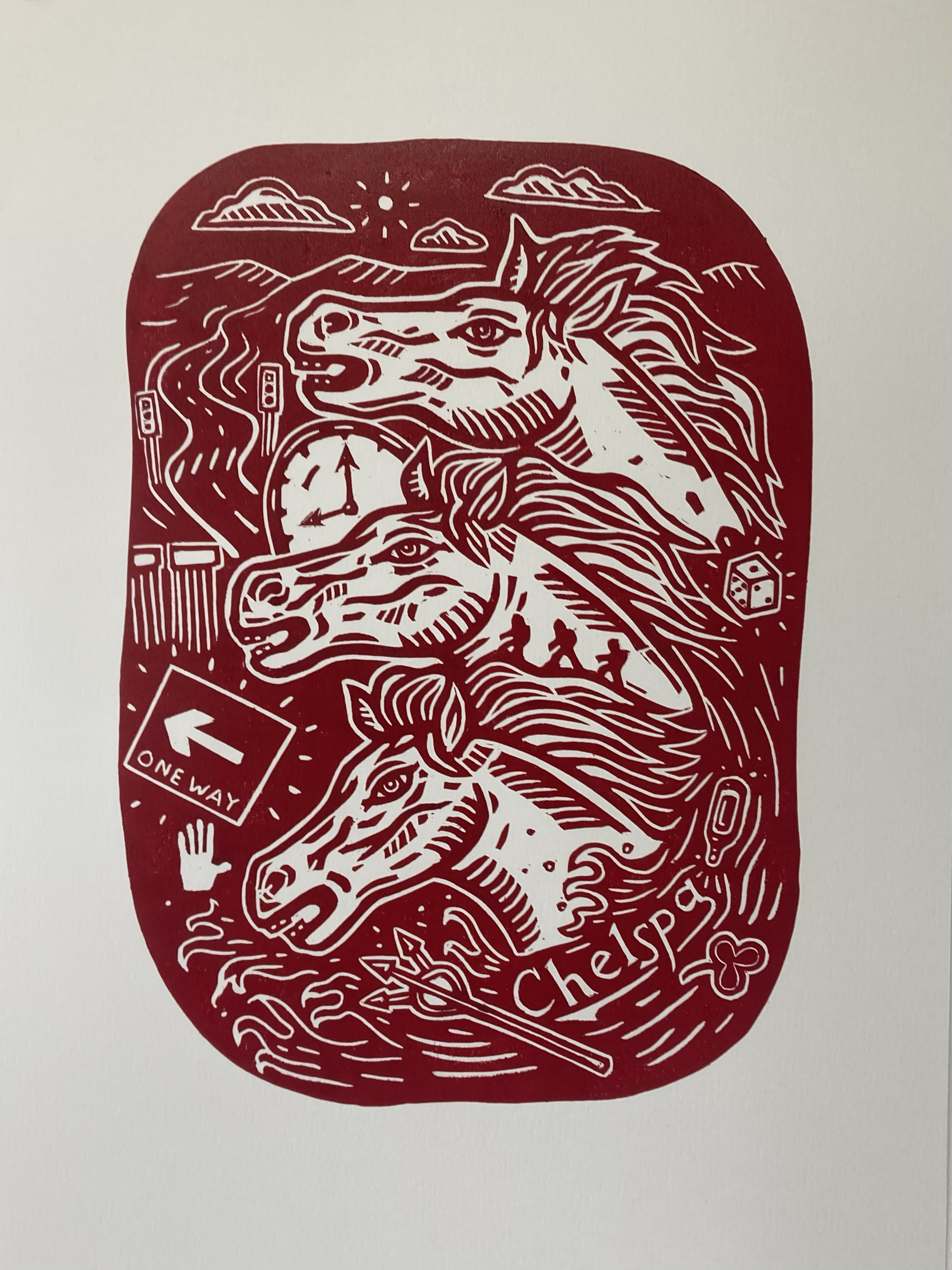 'The Rush,' Lino Print, Edition of 10, 2026