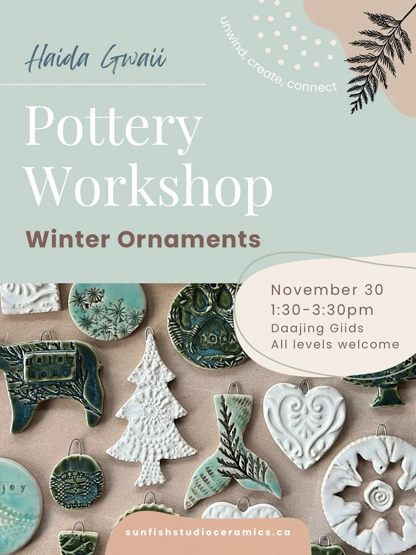 ✨Create your own winter ornaments this season✨

Join me Sunday, November 30th from for a delightful afternoon of clay and creativity.

This workshop offers a calm and creative contrast to the hectic pace that often accompanies the holiday season. 

L