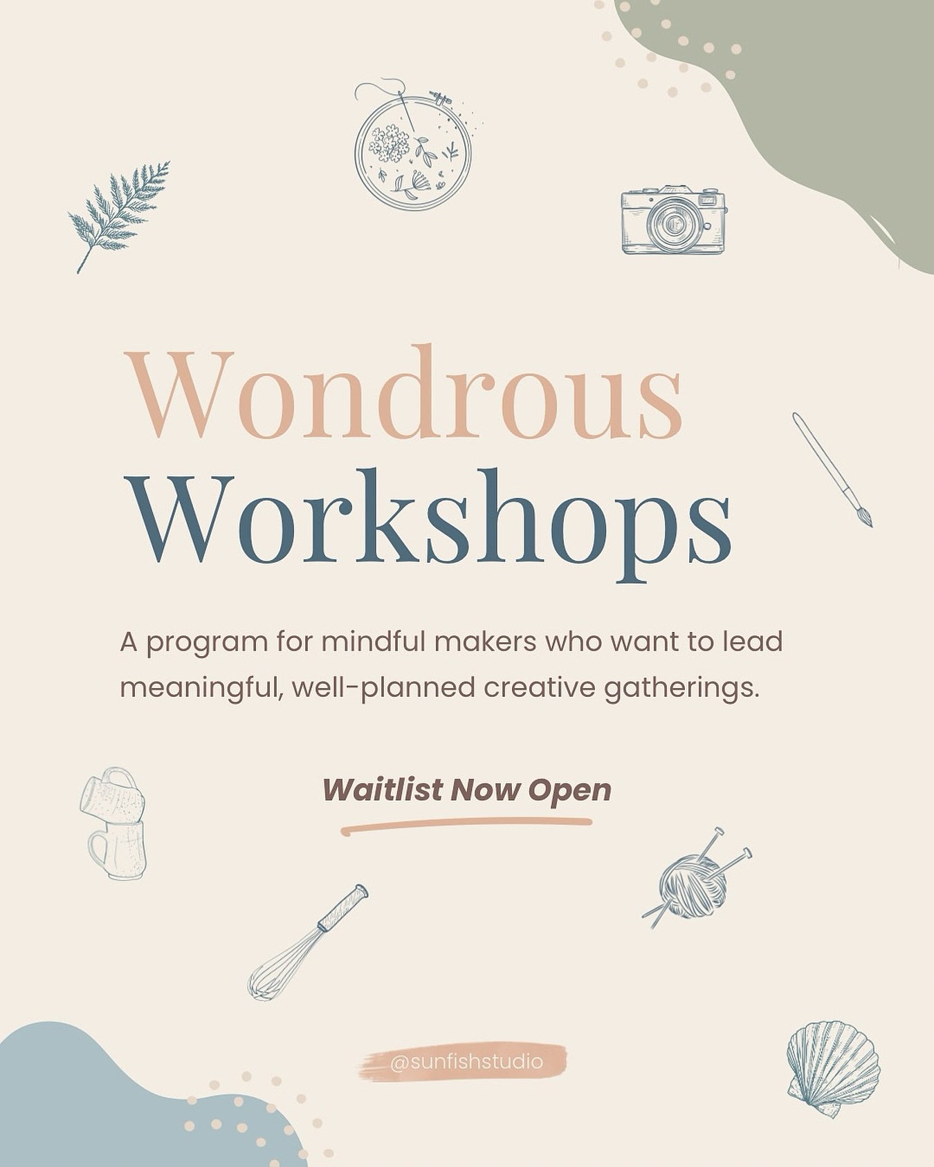 🪄waitlist is open!

Wondrous Workshops is a program for mindful, established makers and artists who want to share their craft through thoughtful, well-planned creative gatherings. 🎨🪡📷🌸

You&rsquo;ll learn to:

✨ Find quiet confidence to move bey