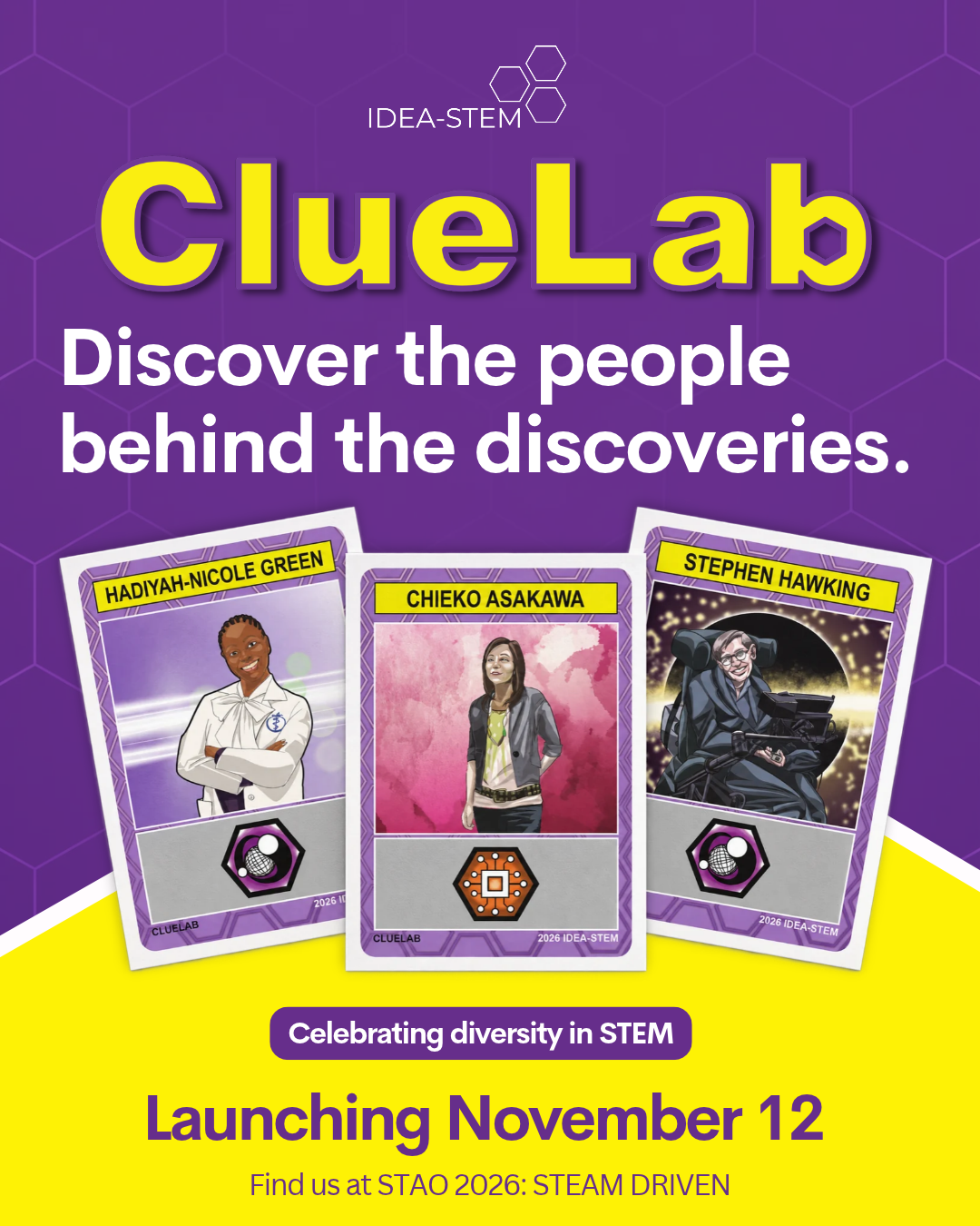 The launch poster for ClueLab: Discover the people behind the discoveries.